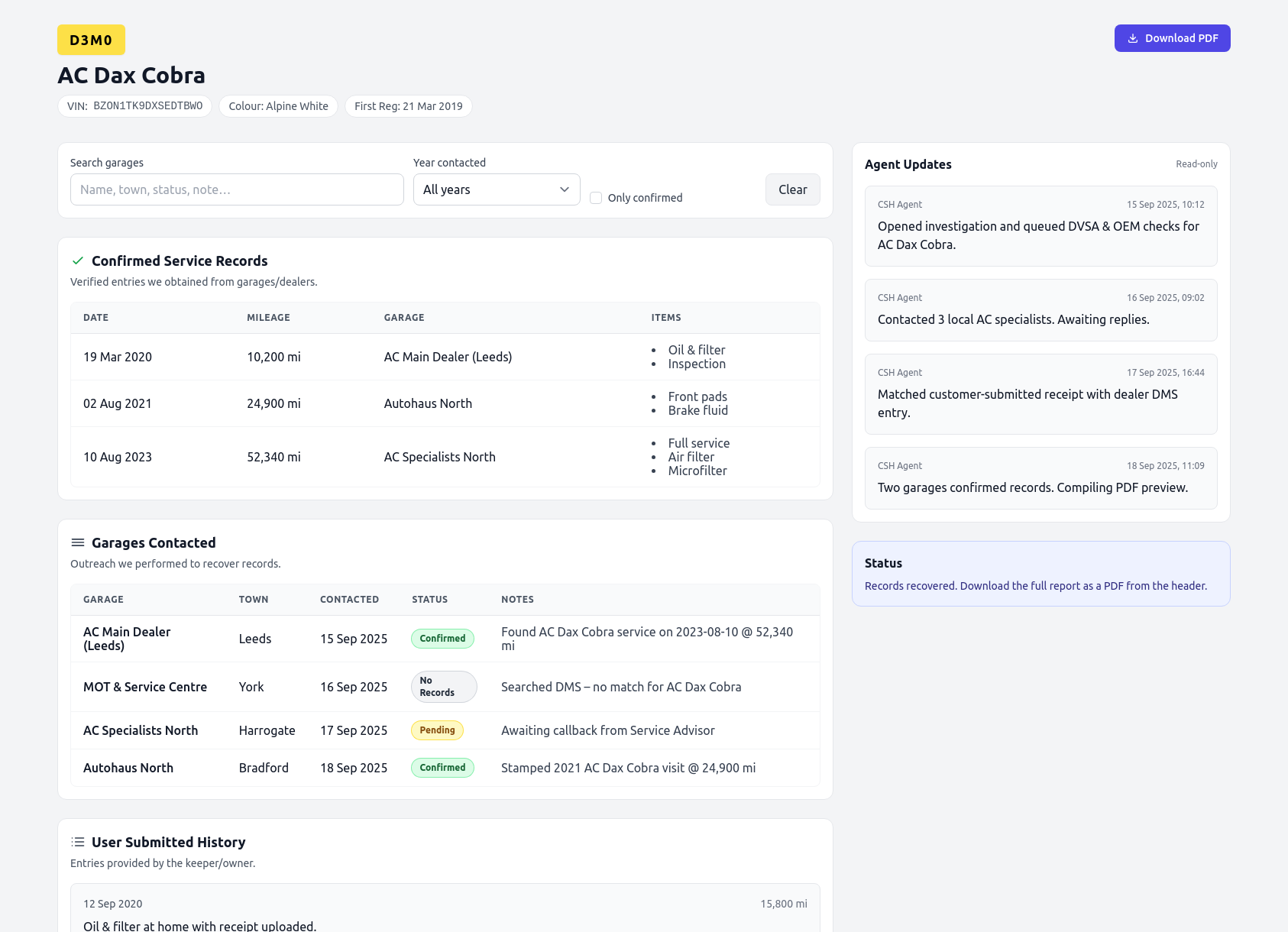 Demo AC service history report from CarServiceHistory.co.uk showing verified service entries, MOT mileage timeline, and garage outreach log