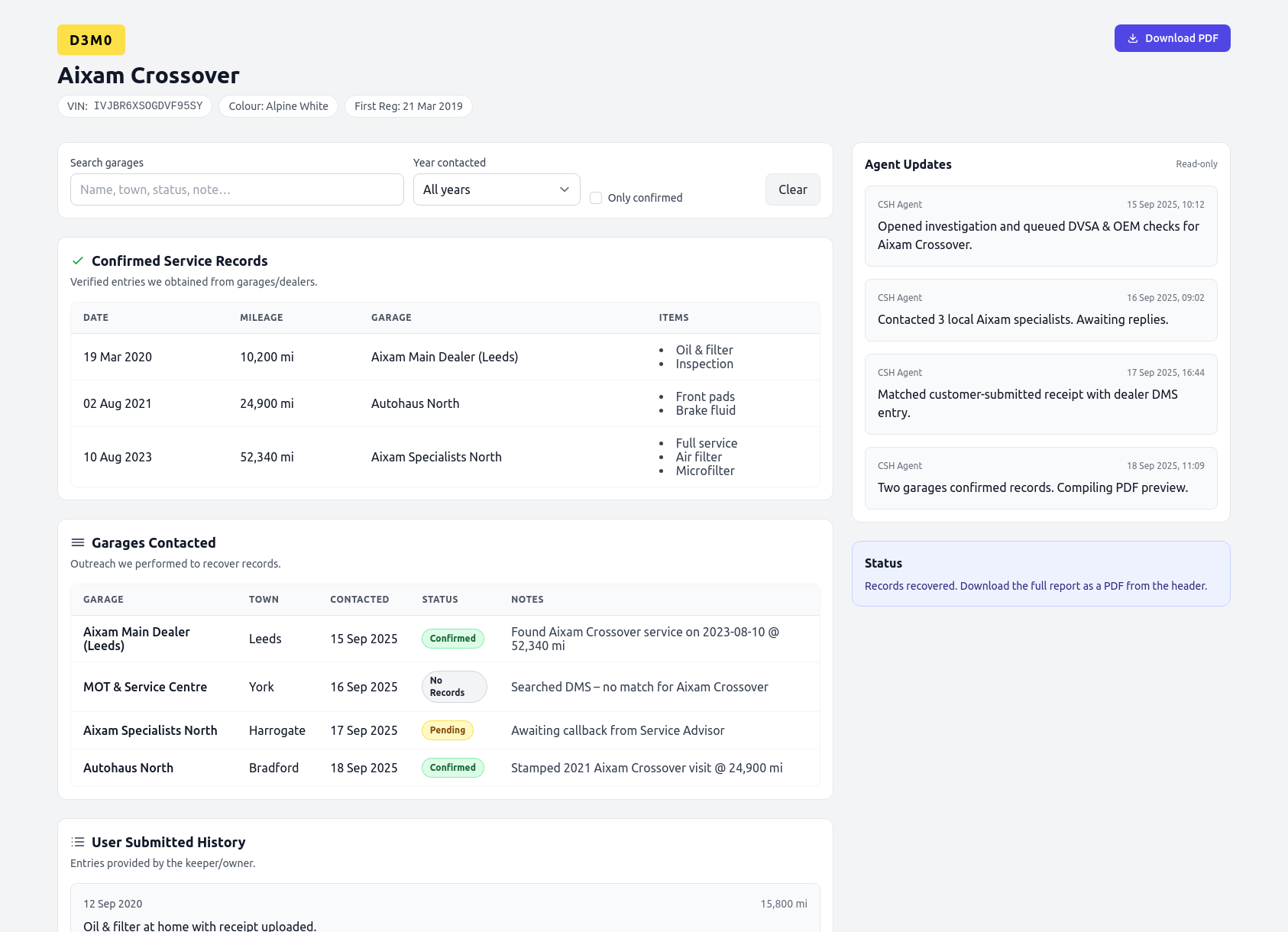 Demo Aixam service history report from CarServiceHistory.co.uk showing verified service entries, MOT mileage timeline, and garage outreach log
