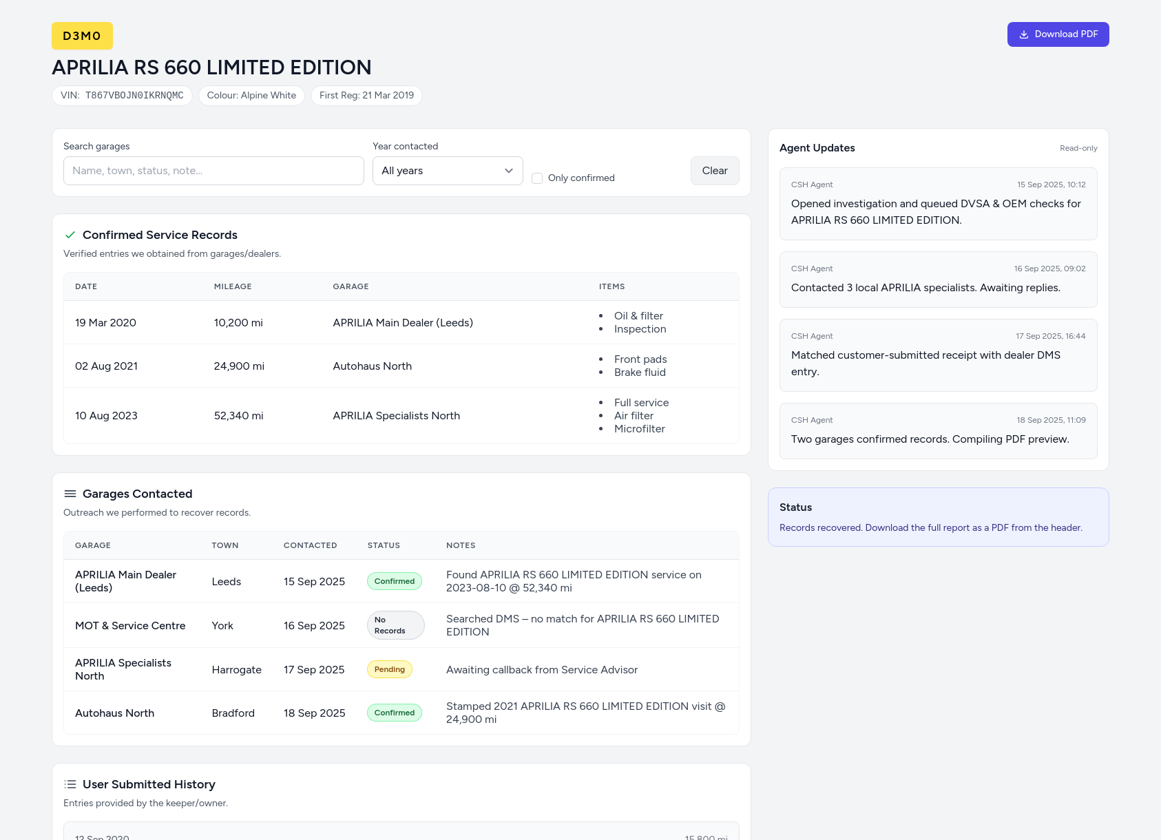 Demo APRILIA service history report from CarServiceHistory.co.uk showing verified service entries, MOT mileage timeline, and garage outreach log