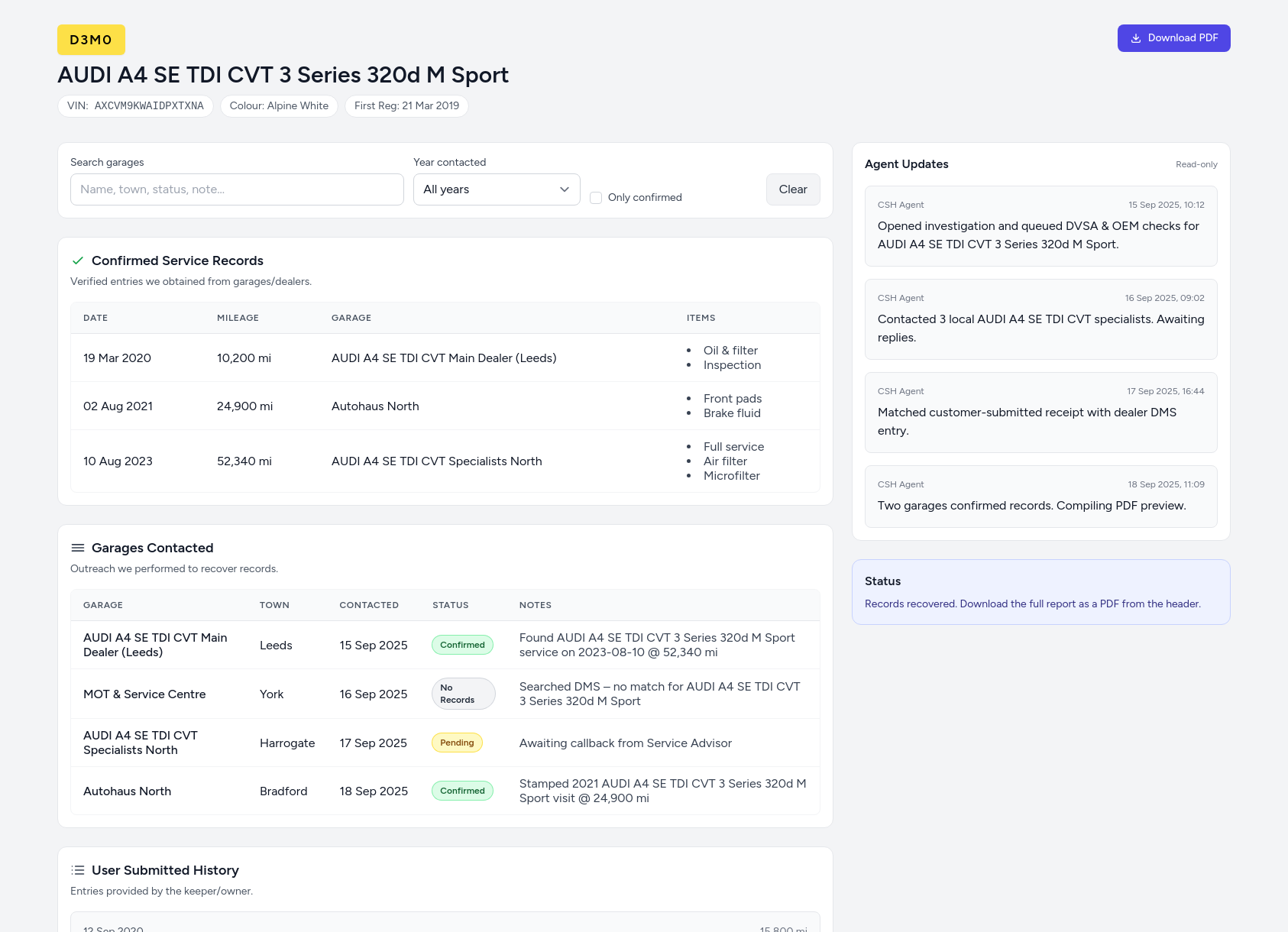 Demo AUDI A4 SE TDI CVT service history report from CarServiceHistory.co.uk showing verified service entries, MOT mileage timeline, and garage outreach log