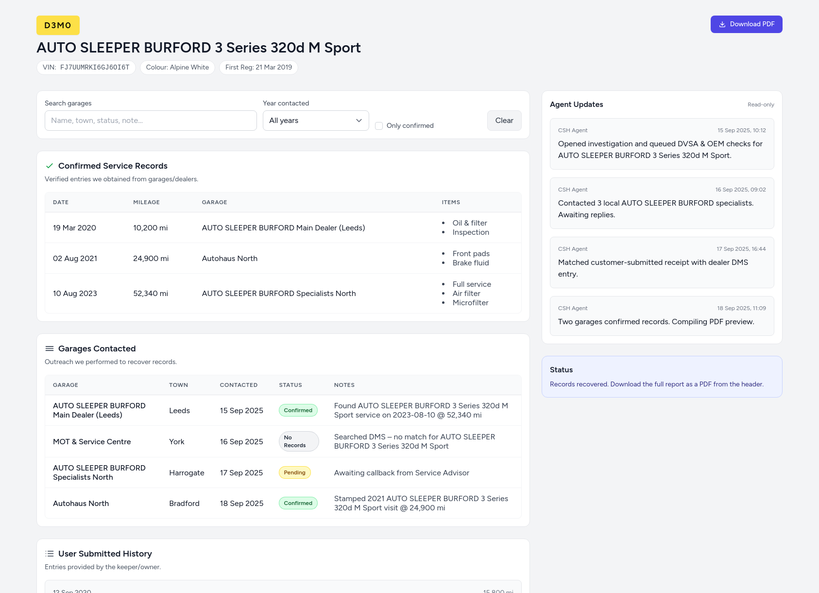 Demo AUTO SLEEPER BURFORD service history report from CarServiceHistory.co.uk showing verified service entries, MOT mileage timeline, and garage outreach log