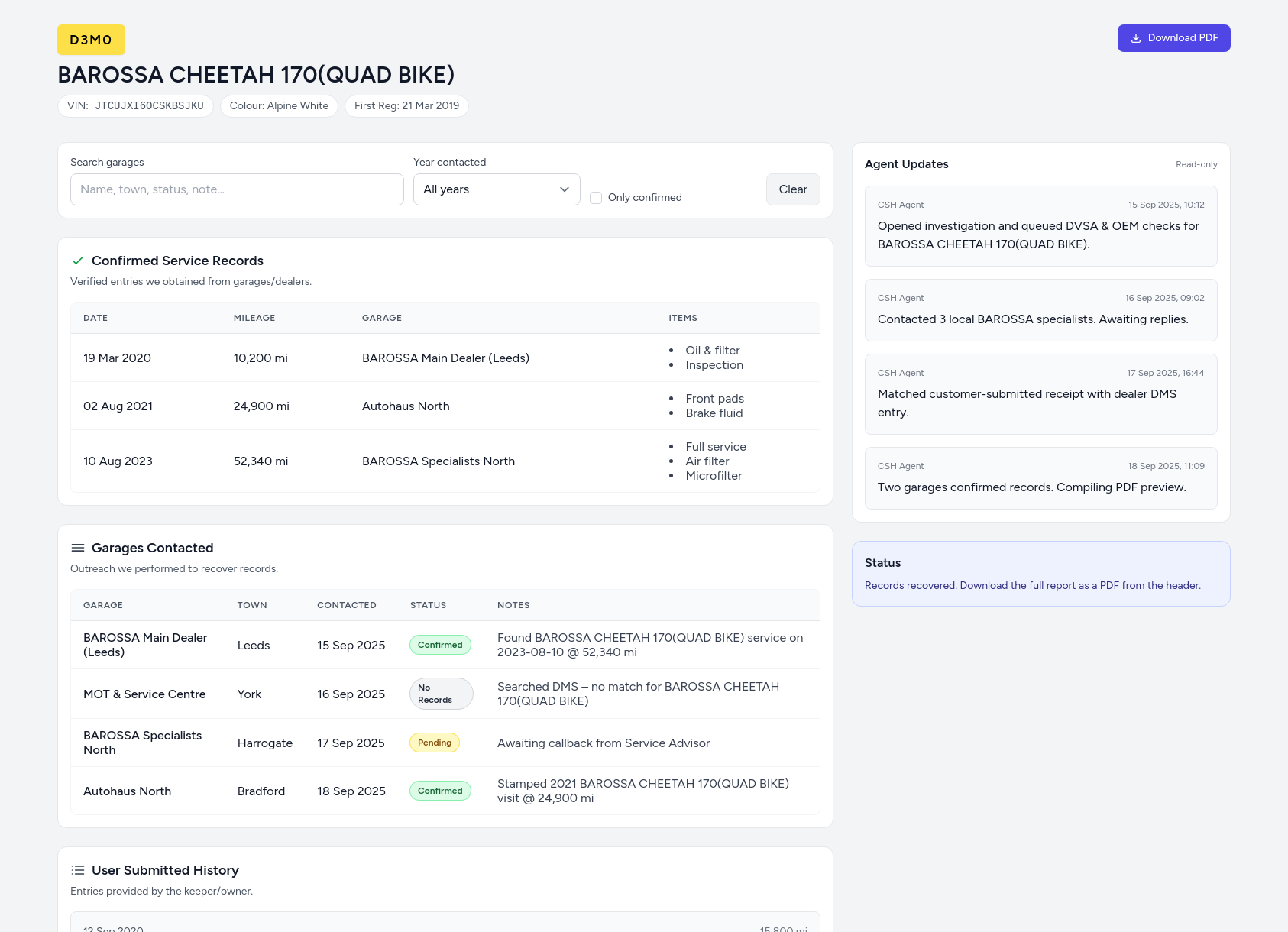 Demo BAROSSA service history report from CarServiceHistory.co.uk showing verified service entries, MOT mileage timeline, and garage outreach log