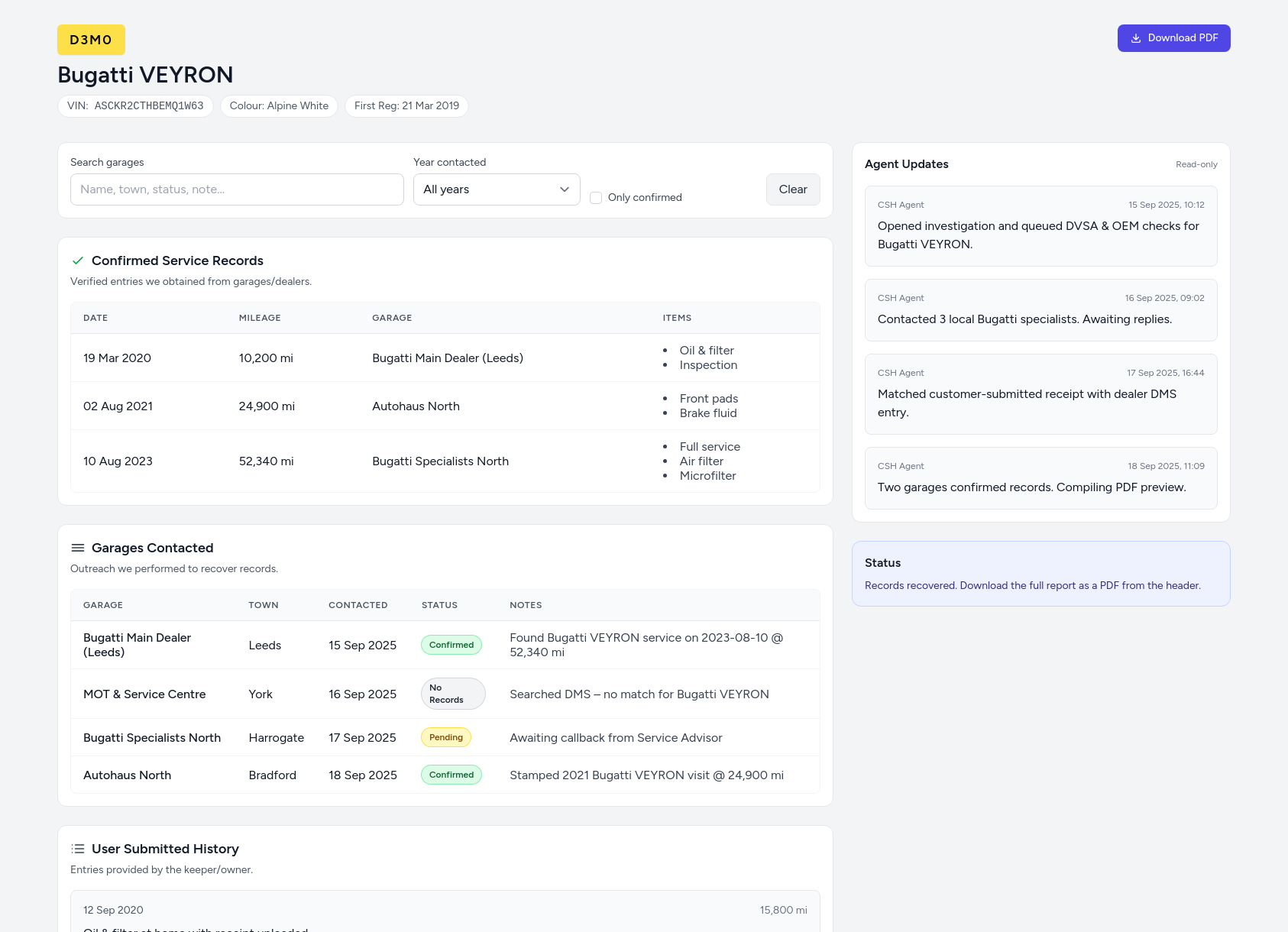 Demo Bugatti service history report from CarServiceHistory.co.uk showing verified service entries, MOT mileage timeline, and garage outreach log