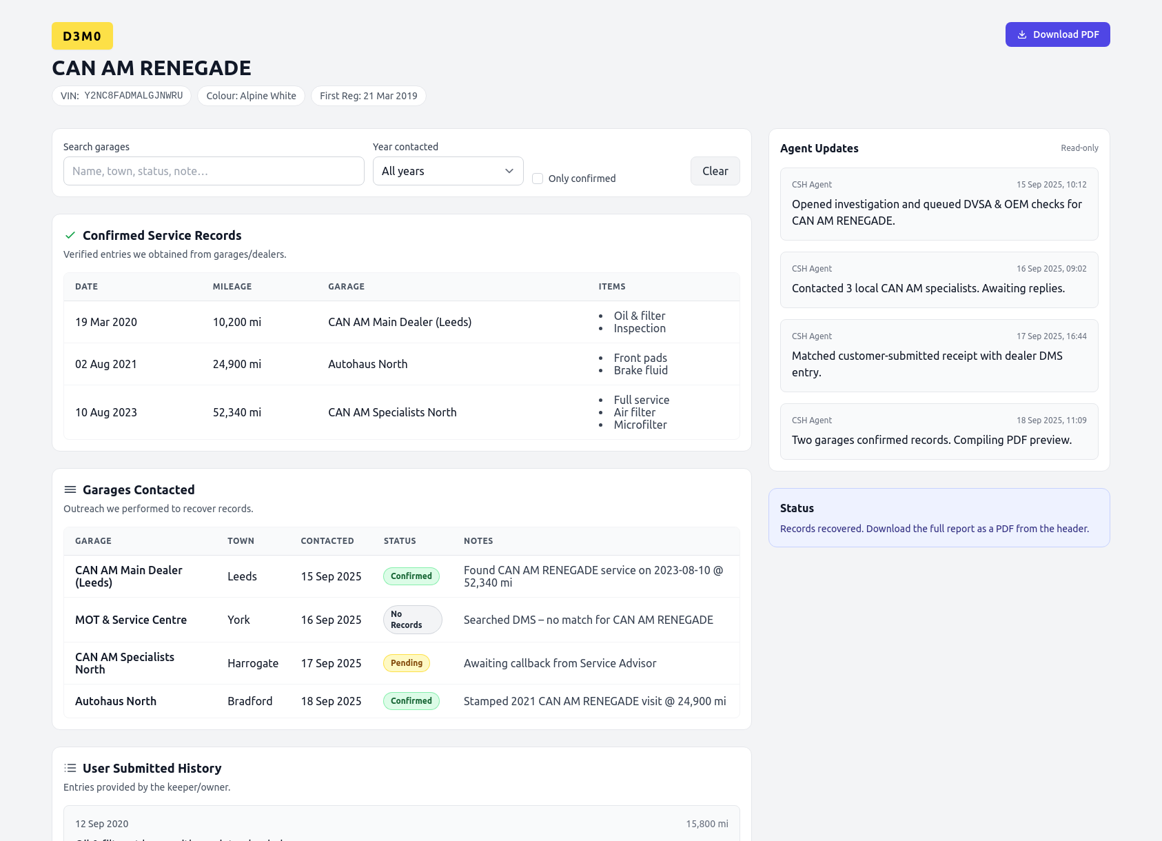 Demo CAN AM service history report from CarServiceHistory.co.uk showing verified service entries, MOT mileage timeline, and garage outreach log