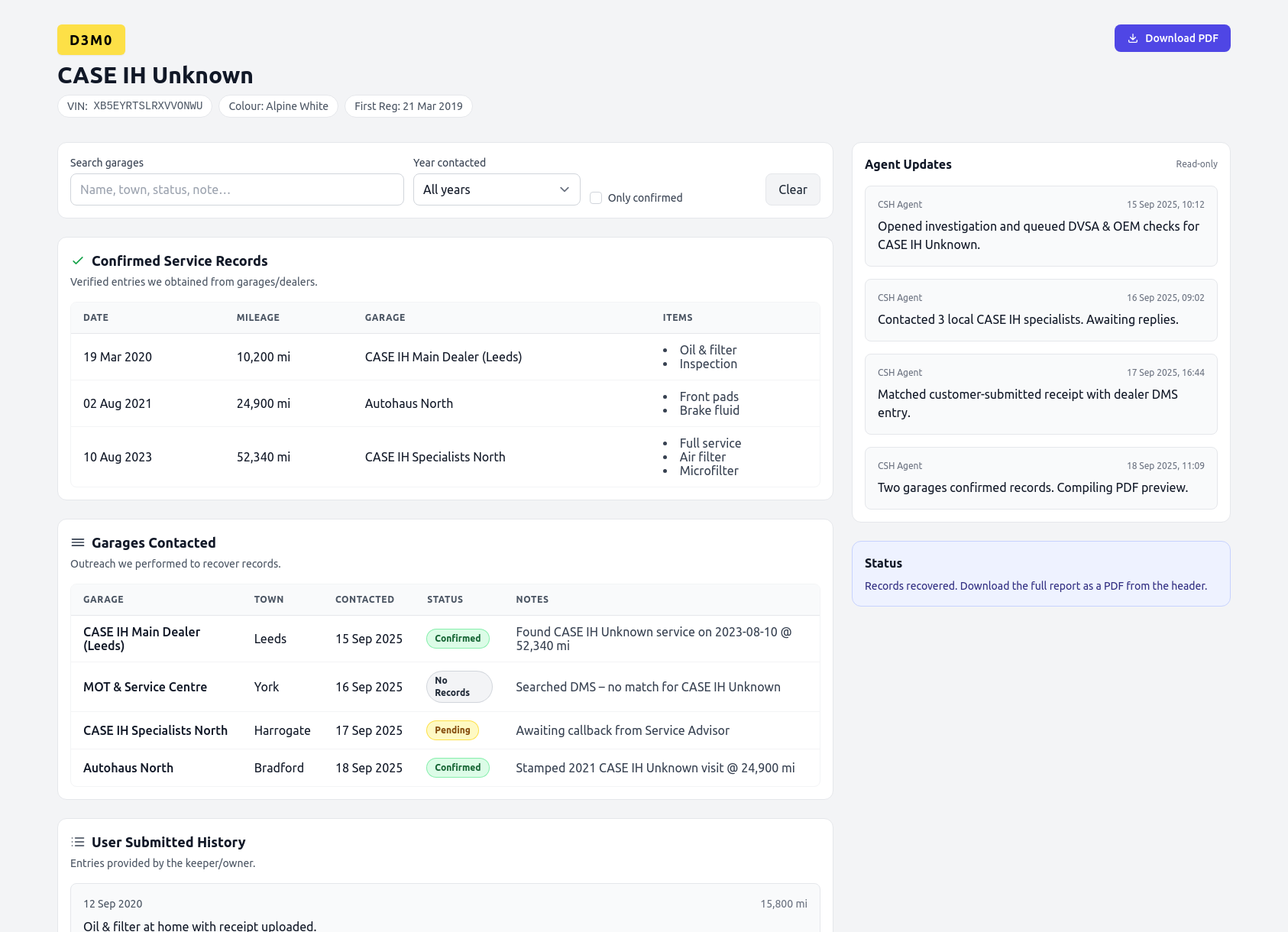 Demo CASE IH service history report from CarServiceHistory.co.uk showing verified service entries, MOT mileage timeline, and garage outreach log
