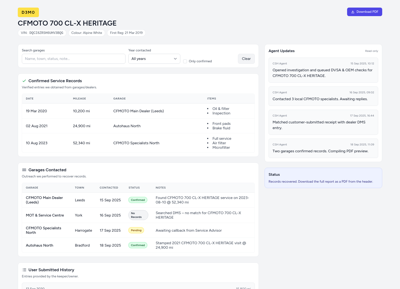 Demo CFMOTO service history report from CarServiceHistory.co.uk showing verified service entries, MOT mileage timeline, and garage outreach log