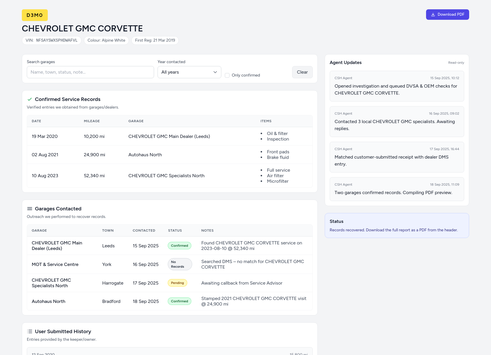 Demo CHEVROLET GMC service history report from CarServiceHistory.co.uk showing verified service entries, MOT mileage timeline, and garage outreach log