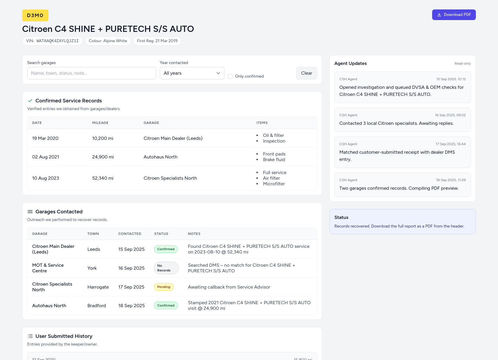 Informe de historial de servicio de demostración Citroen de FindMyCarHistory.com que muestra entradas de servicio verificadas, cronograma de kilometraje y registro de asistencia al taller.