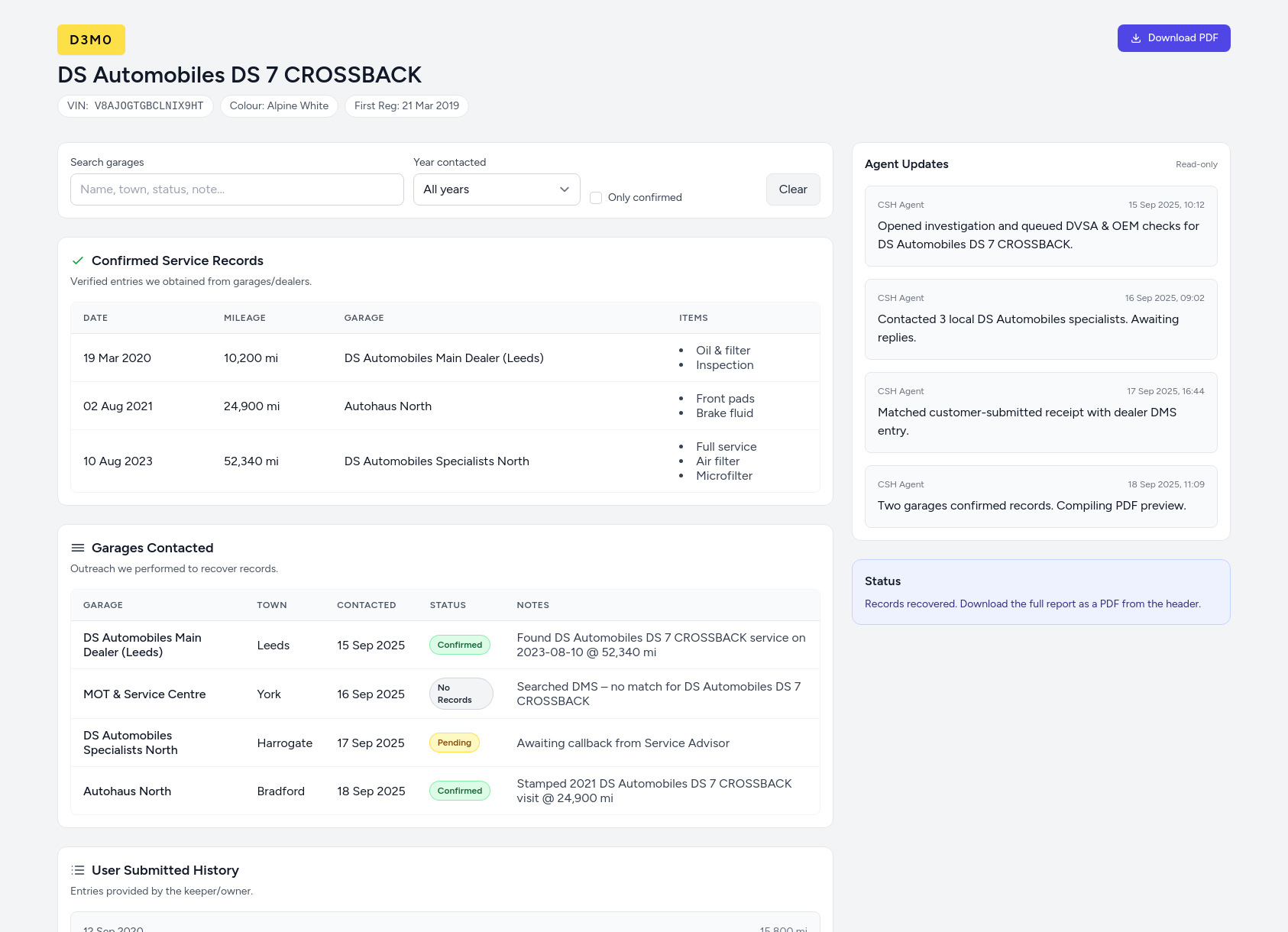 Demo DS Automobiles service history report from CarServiceHistory.co.uk showing verified service entries, MOT mileage timeline, and garage outreach log