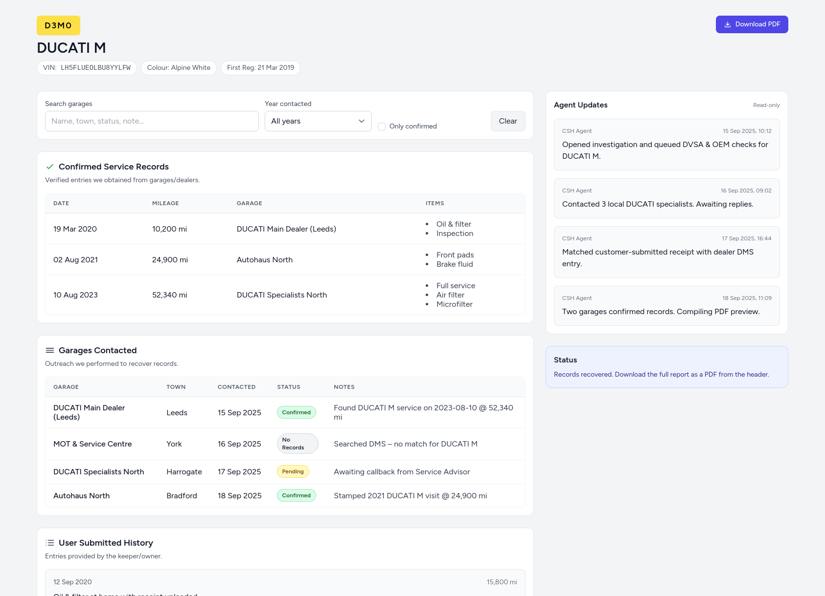 Demo DUCATI service history report from CarServiceHistory.co.uk showing verified service entries, MOT mileage timeline, and garage outreach log