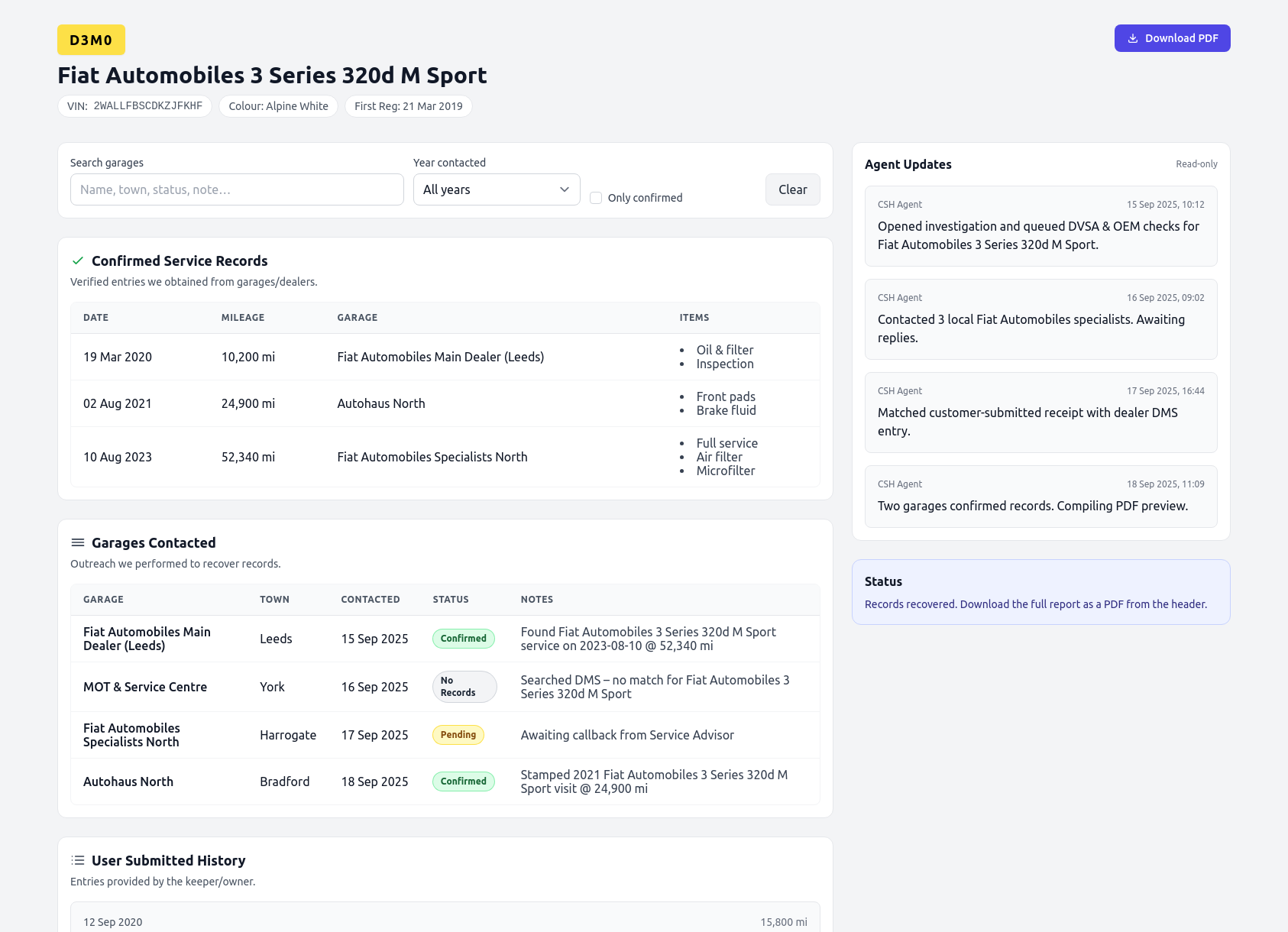 Demo Fiat Automobiles service history report from CarServiceHistory.co.uk showing verified service entries, MOT mileage timeline, and garage outreach log