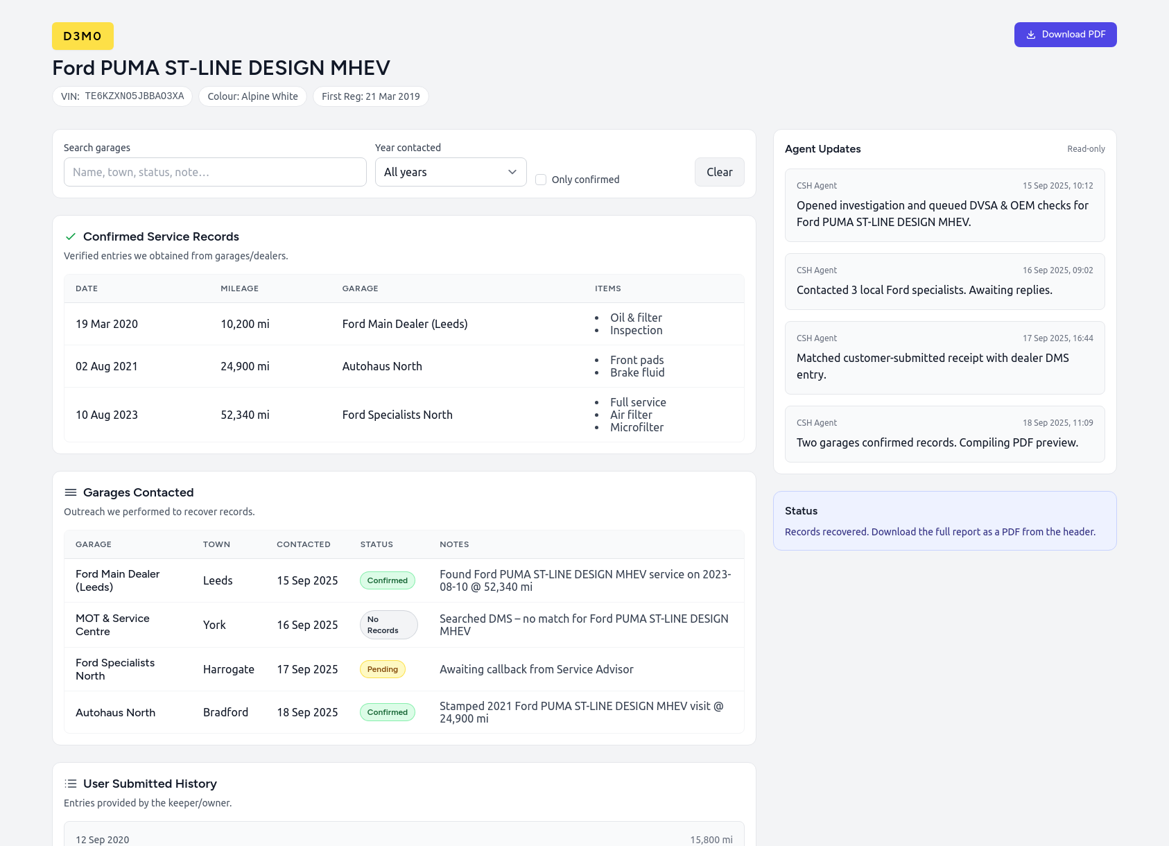 Informe de historial de servicio de demostración Ford de FindMyCarHistory.com que muestra entradas de servicio verificadas, cronograma de kilometraje y registro de asistencia al taller.