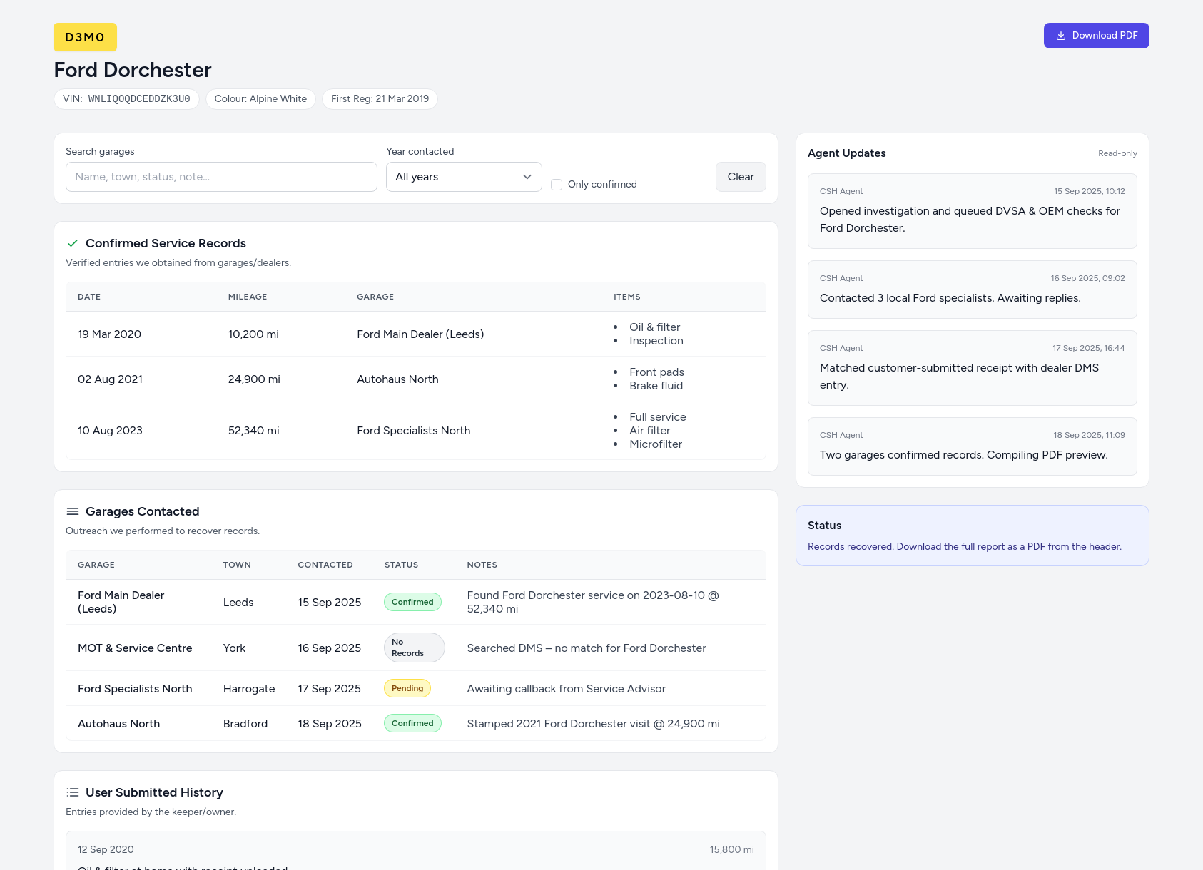 Informe de historial de servicio de demostración Ford Dorchester de FindMyCarHistory.com que muestra entradas de servicio verificadas, cronograma de kilometraje y registro de asistencia al taller.