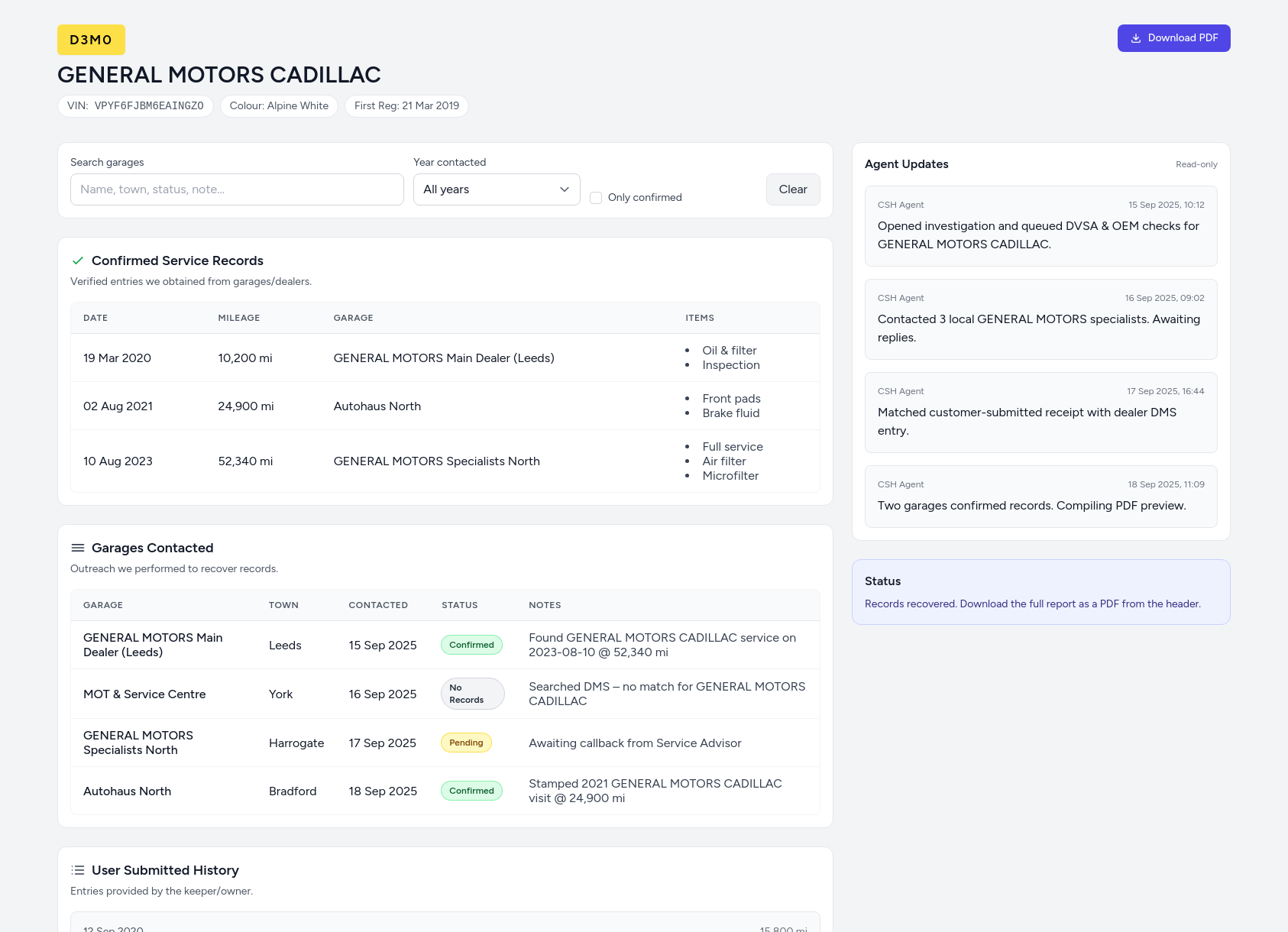 Demo GENERAL MOTORS service history report from CarServiceHistory.co.uk showing verified service entries, MOT mileage timeline, and garage outreach log