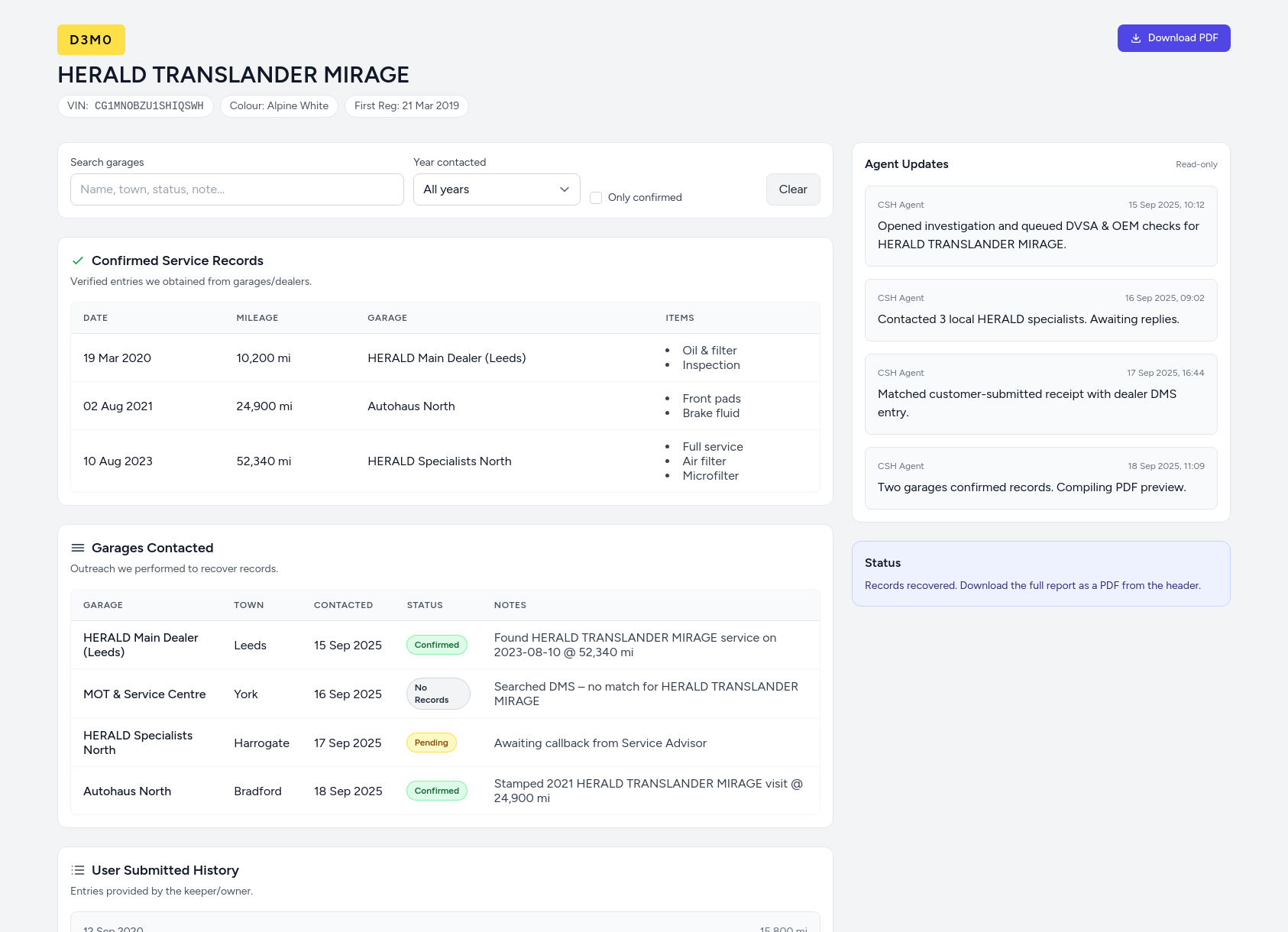 Demo HERALD service history report from CarServiceHistory.co.uk showing verified service entries, MOT mileage timeline, and garage outreach log
