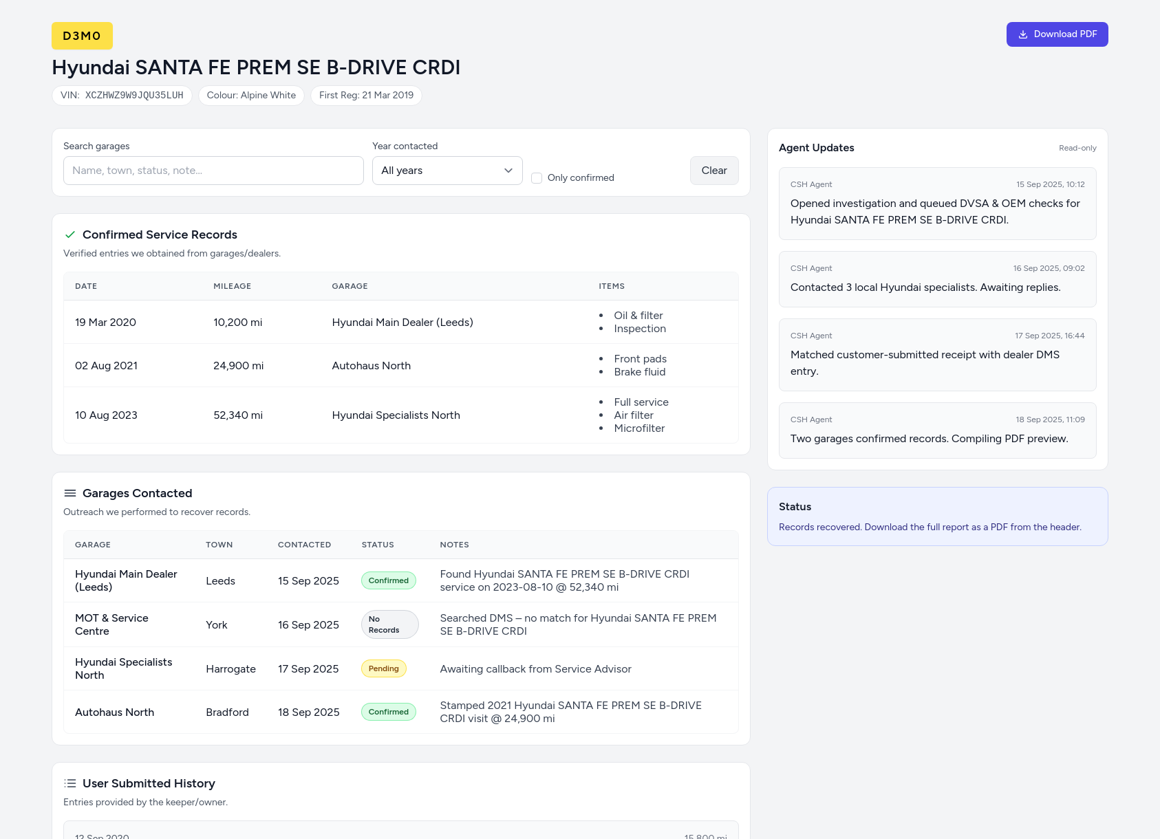 Informe de historial de servicio de demostración Hyundai de FindMyCarHistory.com que muestra entradas de servicio verificadas, cronograma de kilometraje y registro de asistencia al taller.
