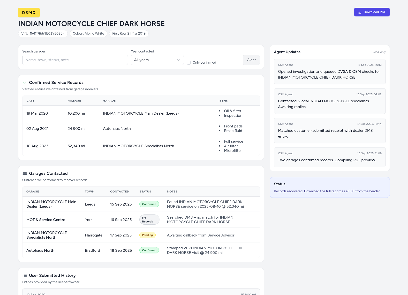 Demo INDIAN MOTORCYCLE service history report from CarServiceHistory.co.uk showing verified service entries, MOT mileage timeline, and garage outreach log