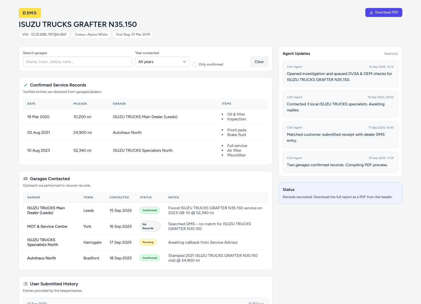 Demo ISUZU TRUCKS service history report from CarServiceHistory.co.uk showing verified service entries, MOT mileage timeline, and garage outreach log