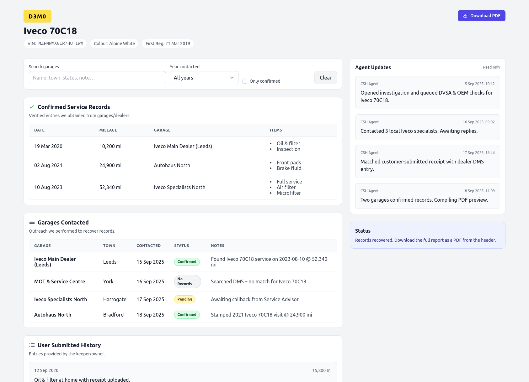 Demo Iveco service history report from CarServiceHistory.co.uk showing verified service entries, MOT mileage timeline, and garage outreach log