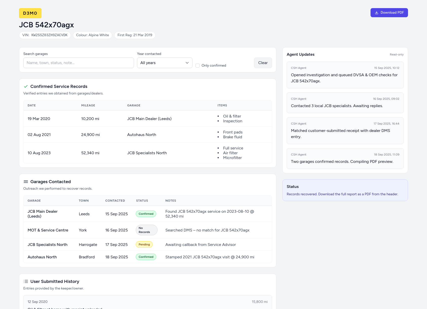 Demo JCB service history report from CarServiceHistory.co.uk showing verified service entries, MOT mileage timeline, and garage outreach log