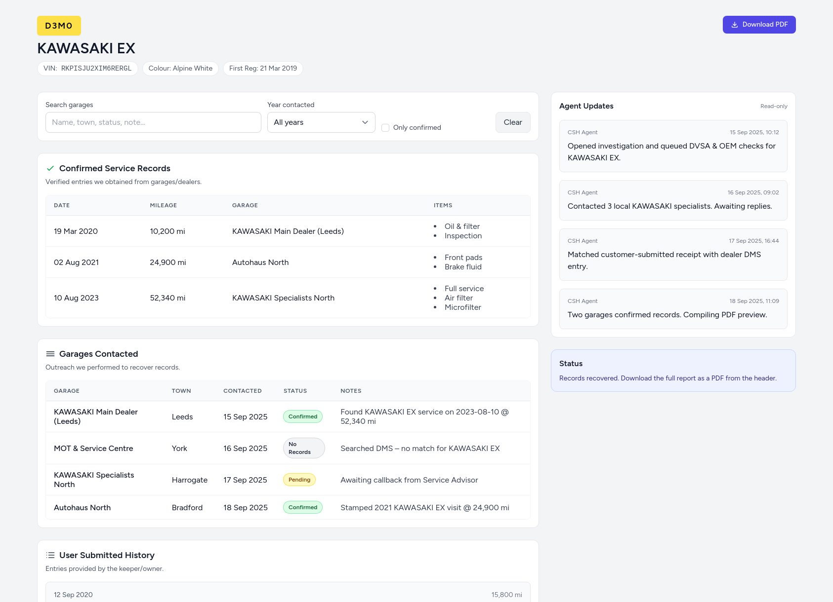 Demo KAWASAKI service history report from CarServiceHistory.co.uk showing verified service entries, MOT mileage timeline, and garage outreach log