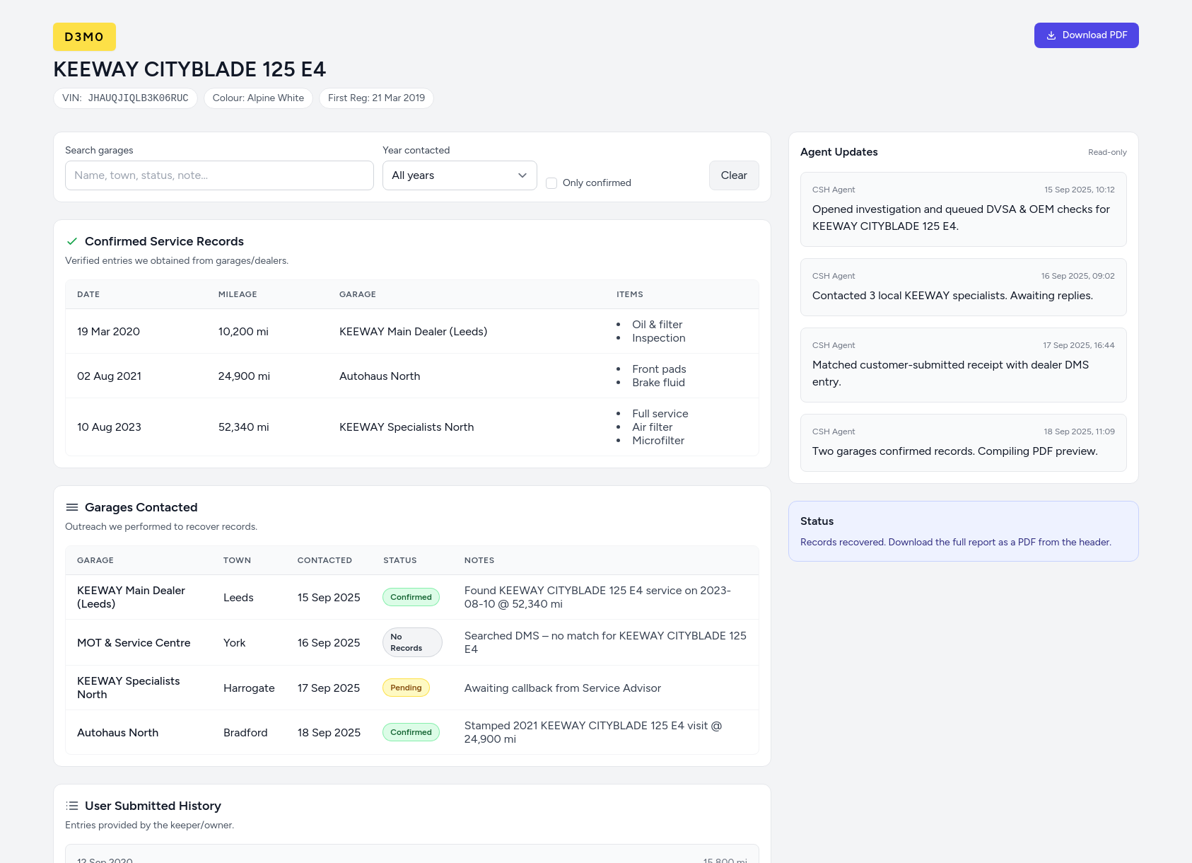 Demo KEEWAY service history report from CarServiceHistory.co.uk showing verified service entries, MOT mileage timeline, and garage outreach log