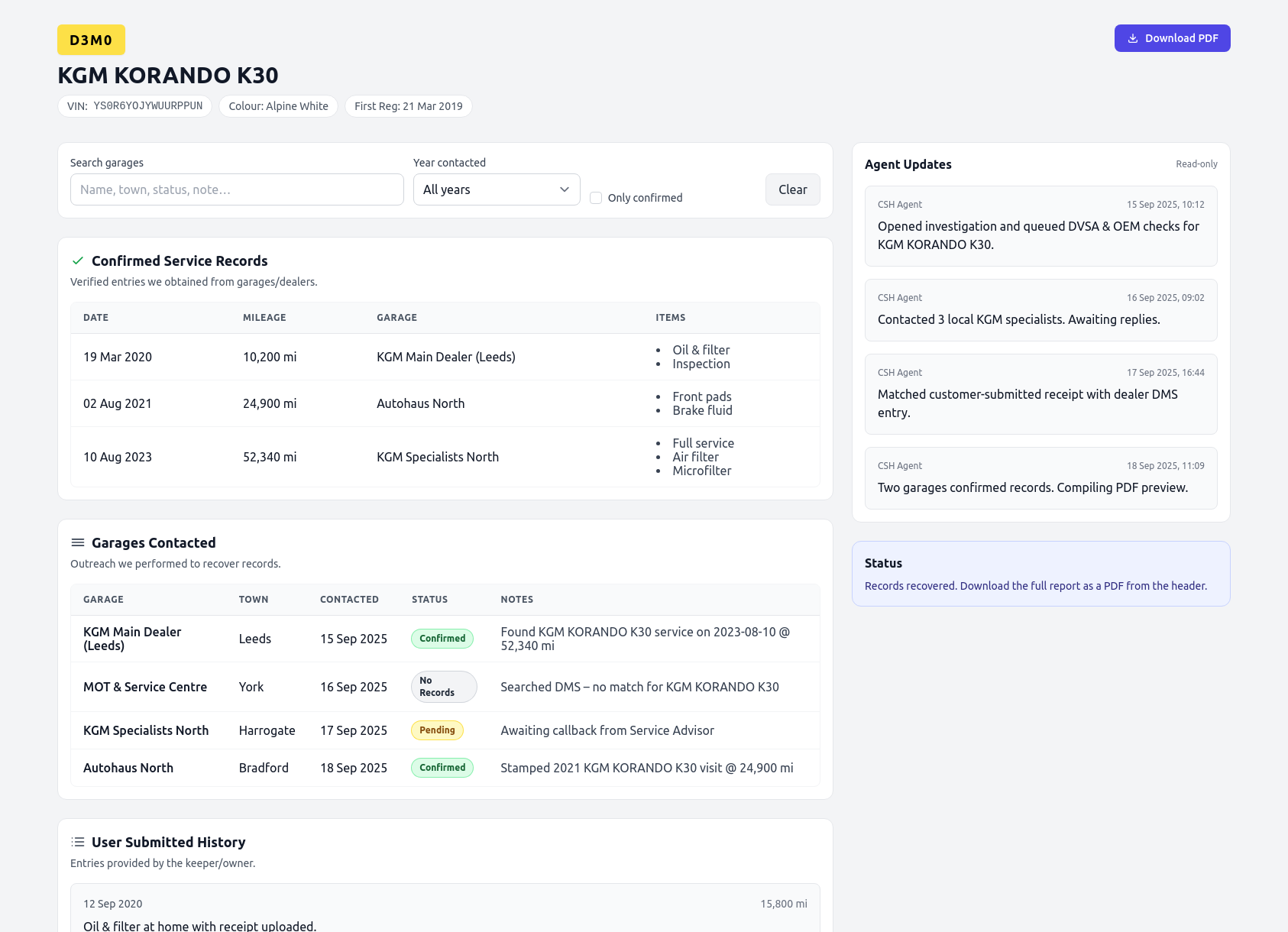 Demo KGM service history report from CarServiceHistory.co.uk showing verified service entries, MOT mileage timeline, and garage outreach log