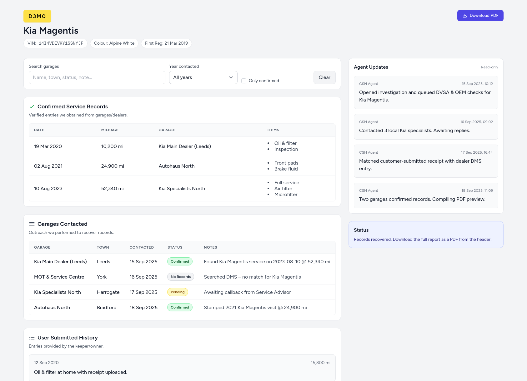 Informe de historial de servicio de demostración Kia Magentis de FindMyCarHistory.com que muestra entradas de servicio verificadas, cronograma de kilometraje y registro de asistencia al taller.