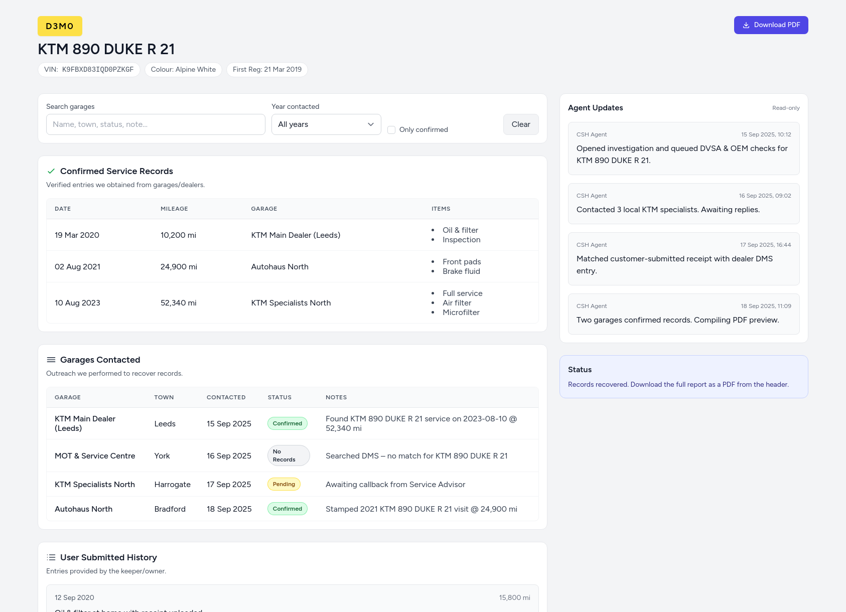 Demo KTM service history report from CarServiceHistory.co.uk showing verified service entries, MOT mileage timeline, and garage outreach log