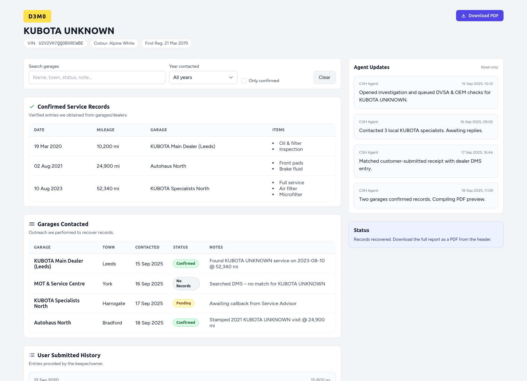 Demo KUBOTA service history report from CarServiceHistory.co.uk showing verified service entries, MOT mileage timeline, and garage outreach log