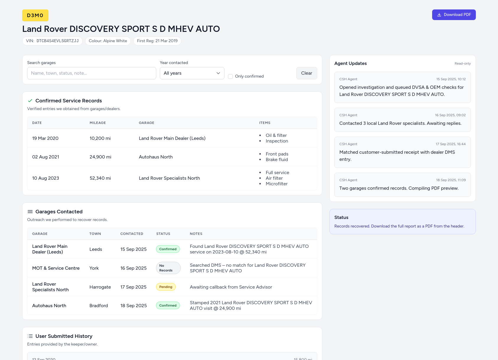 Demo Land Rover service history report from CarServiceHistory.co.uk showing verified service entries, MOT mileage timeline, and garage outreach log