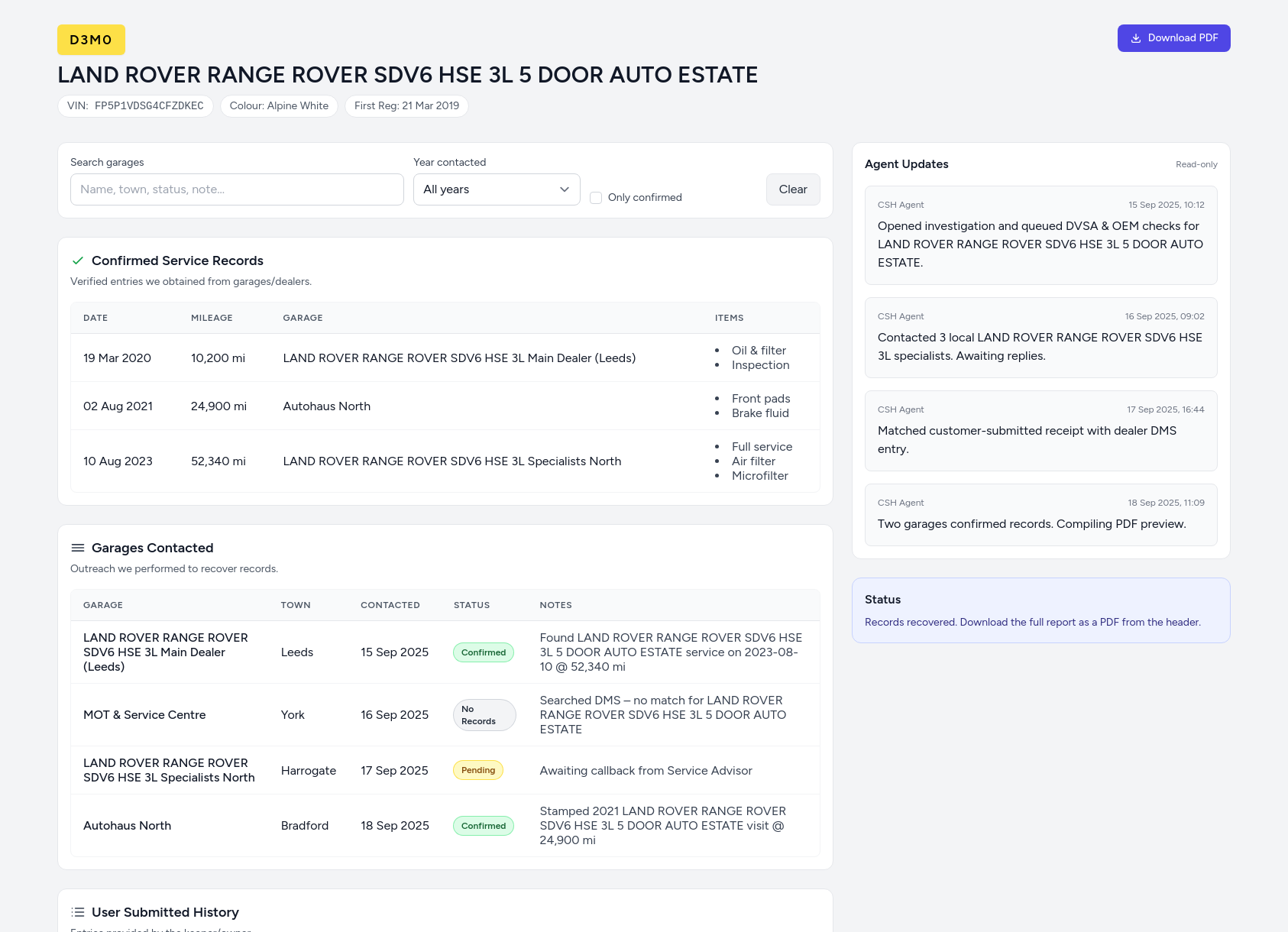 Demo LAND ROVER RANGE ROVER SDV6 HSE 3L service history report from CarServiceHistory.co.uk showing verified service entries, MOT mileage timeline, and garage outreach log