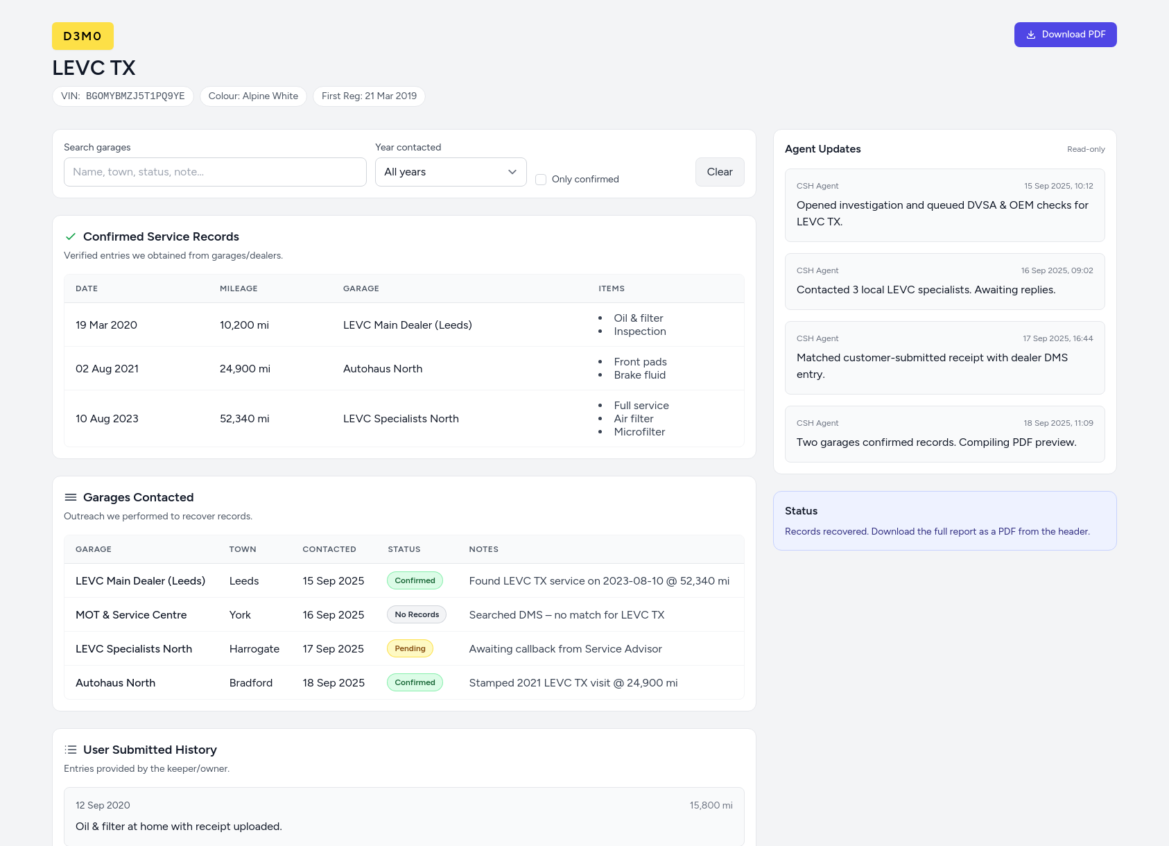 Demo LEVC service history report from CarServiceHistory.co.uk showing verified service entries, MOT mileage timeline, and garage outreach log