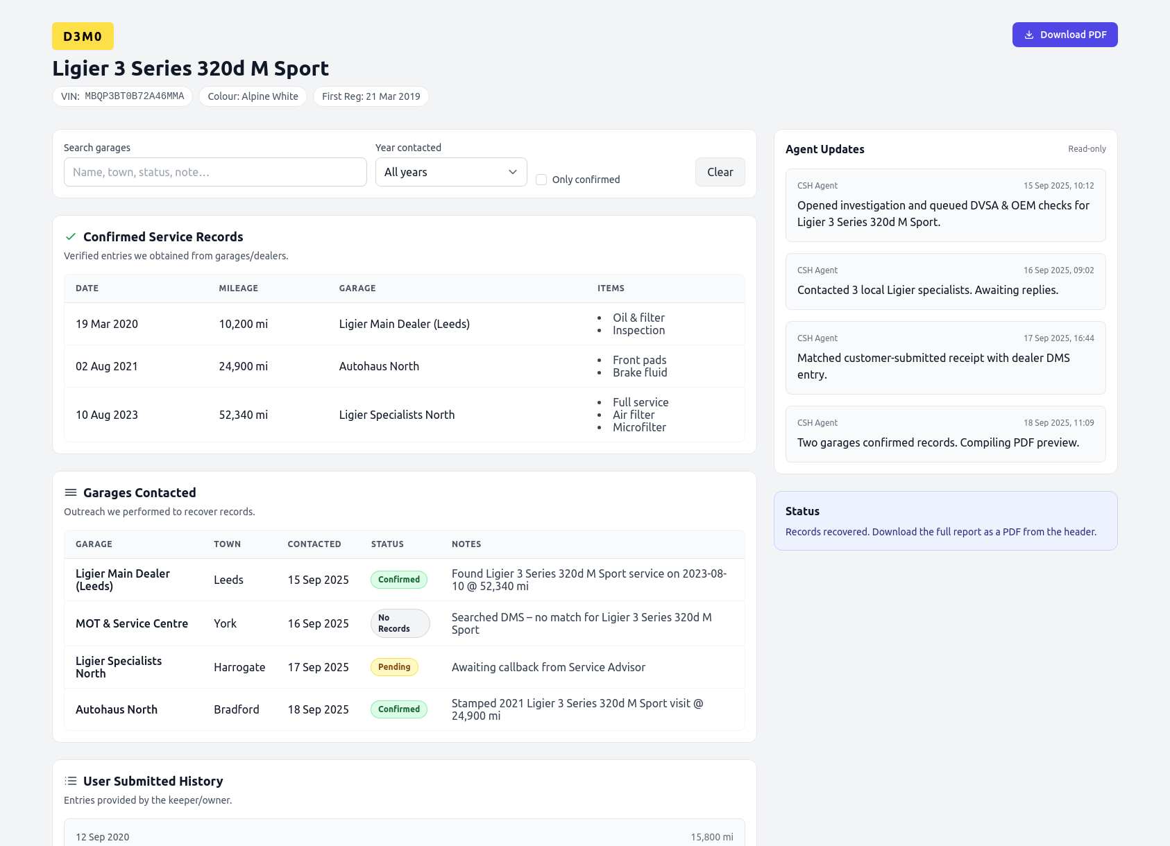 Demo Ligier service history report from CarServiceHistory.co.uk showing verified service entries, MOT mileage timeline, and garage outreach log