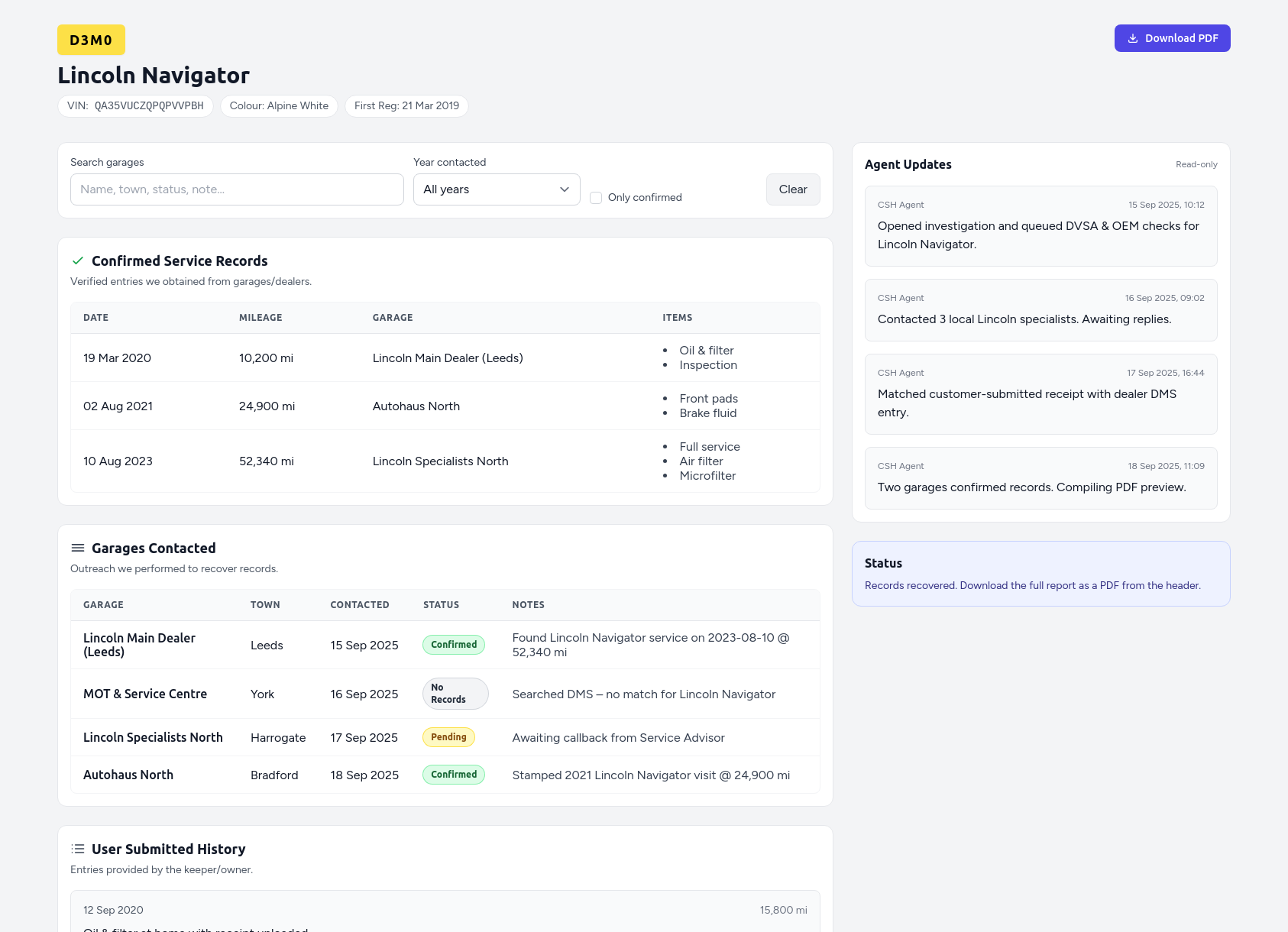 Informe de historial de servicio de demostración Lincoln Navigator de FindMyCarHistory.com que muestra entradas de servicio verificadas, cronograma de kilometraje y registro de asistencia al taller.