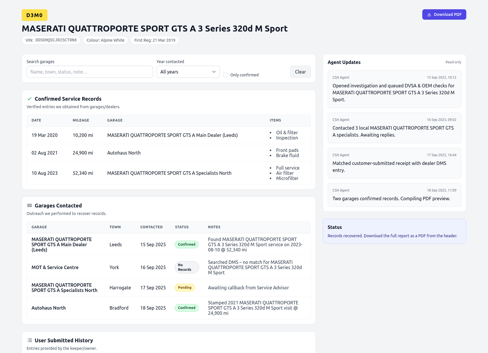 Demo MASERATI QUATTROPORTE SPORT GTS A service history report from CarServiceHistory.co.uk showing verified service entries, MOT mileage timeline, and garage outreach log