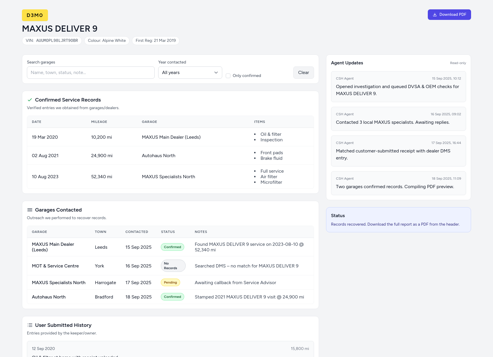 Demo MAXUS service history report from CarServiceHistory.co.uk showing verified service entries, MOT mileage timeline, and garage outreach log