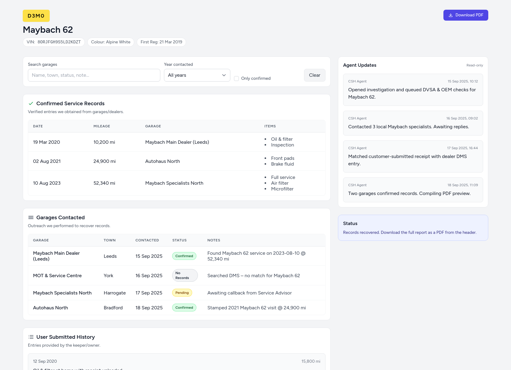 Demo Maybach service history report from CarServiceHistory.co.uk showing verified service entries, MOT mileage timeline, and garage outreach log
