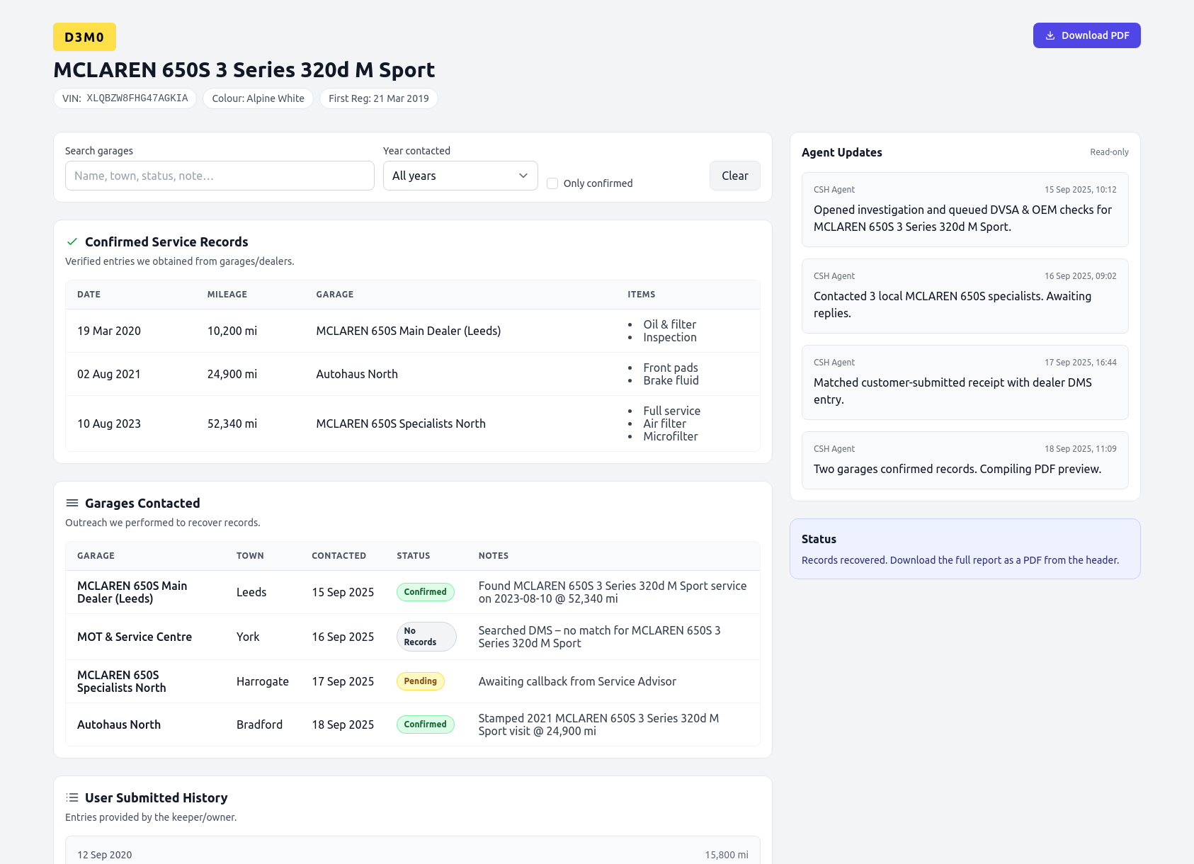 Demo MCLAREN 650S service history report from CarServiceHistory.co.uk showing verified service entries, MOT mileage timeline, and garage outreach log