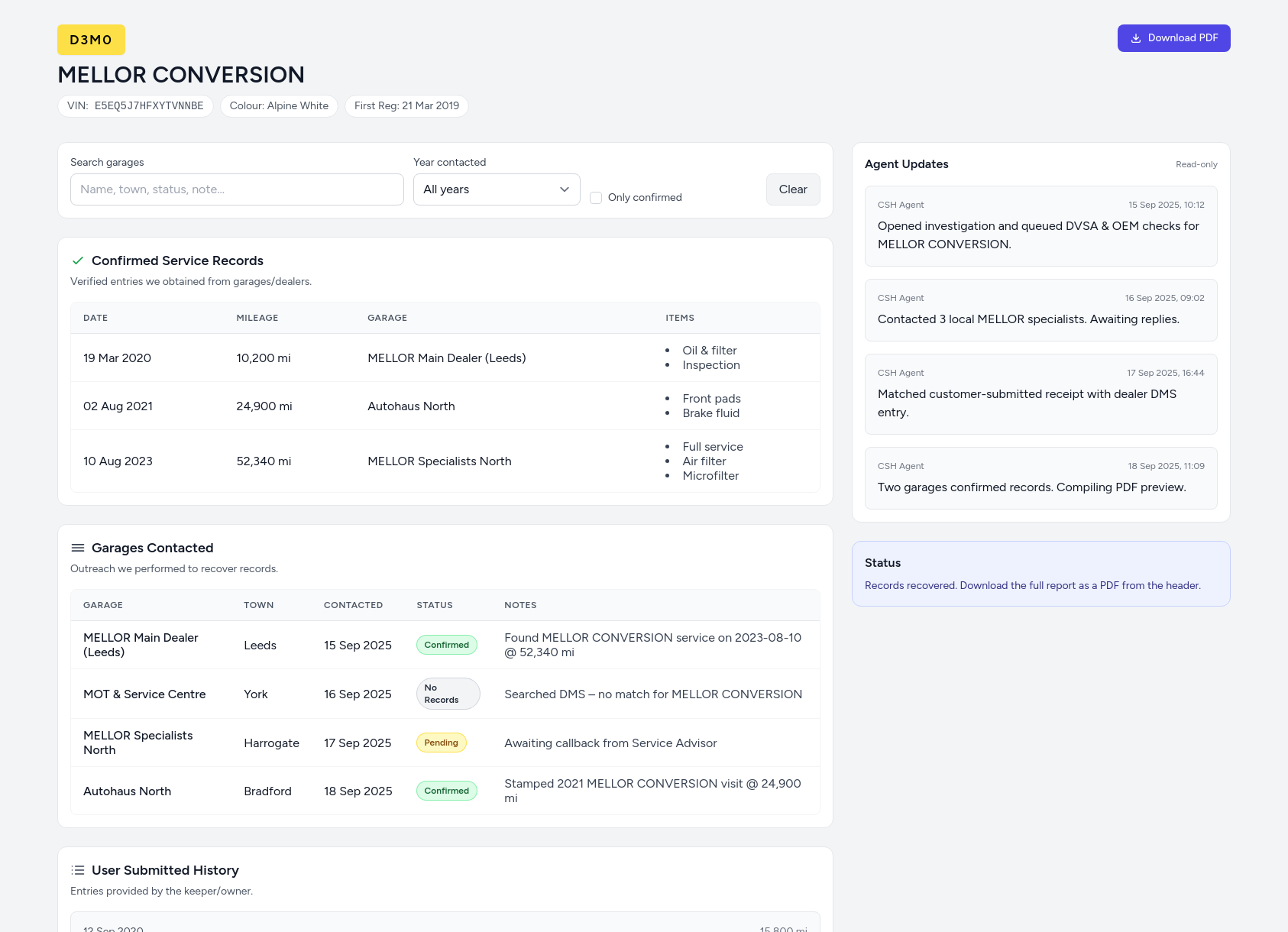 Demo MELLOR service history report from CarServiceHistory.co.uk showing verified service entries, MOT mileage timeline, and garage outreach log