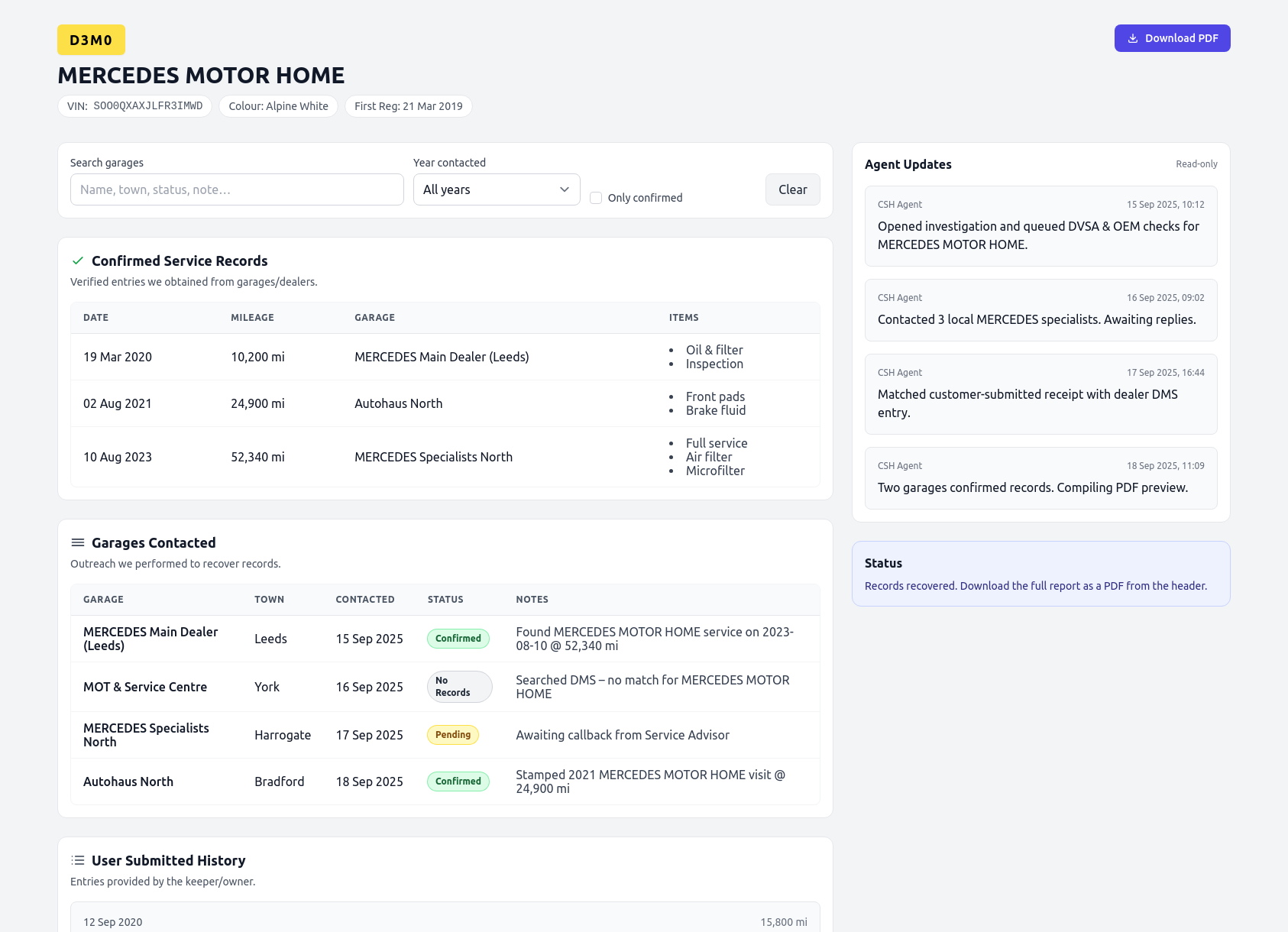 Demo MERCEDES service history report from CarServiceHistory.co.uk showing verified service entries, MOT mileage timeline, and garage outreach log