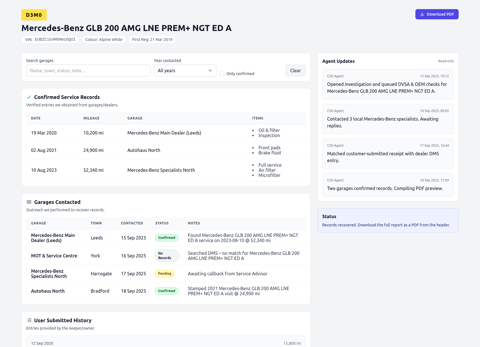 Informe de historial de servicio de demostración Mercedes-Benz de FindMyCarHistory.com que muestra entradas de servicio verificadas, cronograma de kilometraje y registro de asistencia al taller.