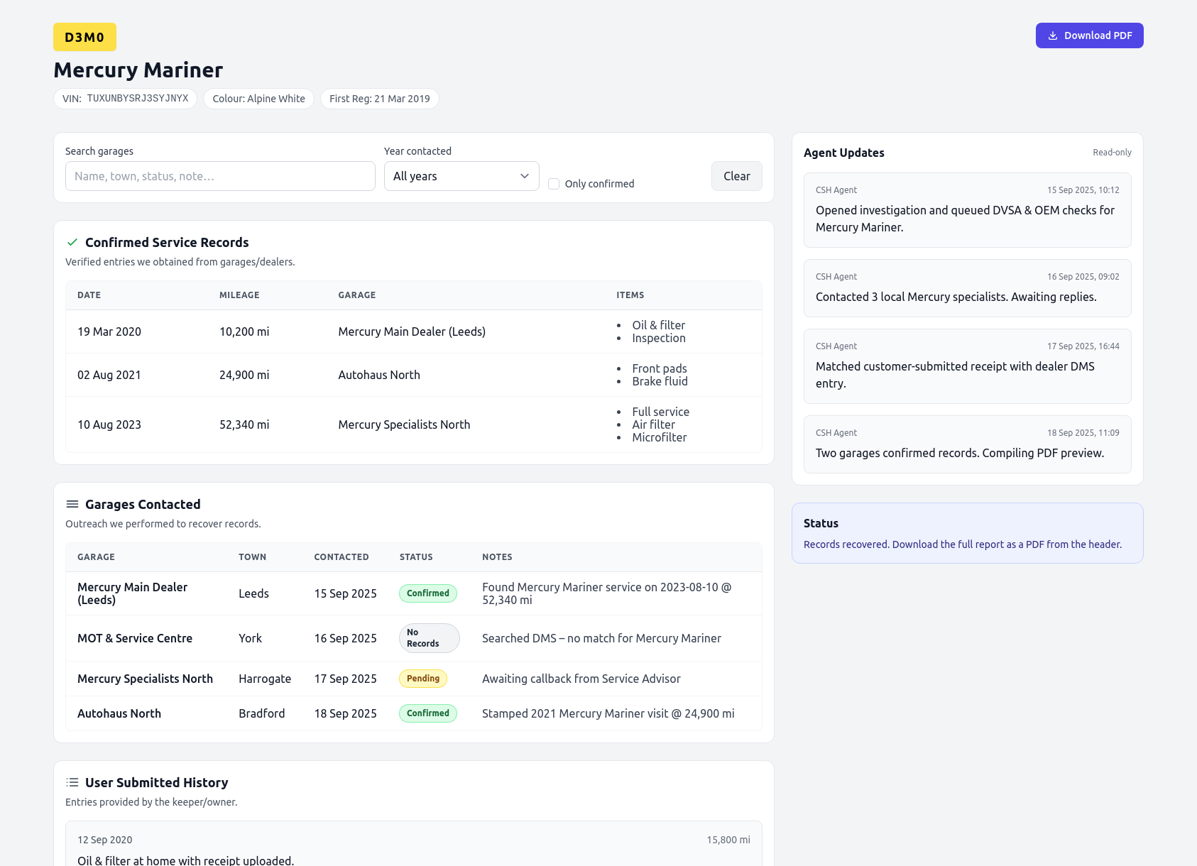 Demo Mercury service history report from CarServiceHistory.co.uk showing verified service entries, MOT mileage timeline, and garage outreach log