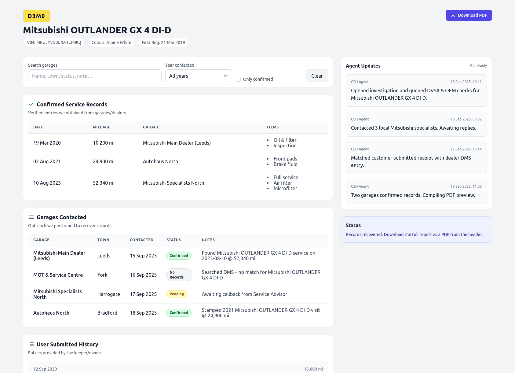 Demo Mitsubishi service history report from CarServiceHistory.co.uk showing verified service entries, MOT mileage timeline, and garage outreach log