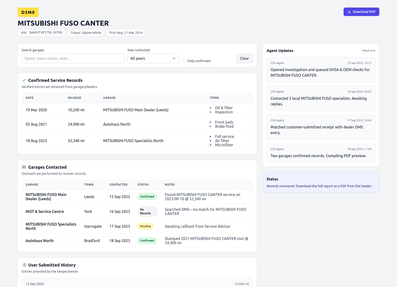 Demo MITSUBISHI FUSO service history report from CarServiceHistory.co.uk showing verified service entries, MOT mileage timeline, and garage outreach log