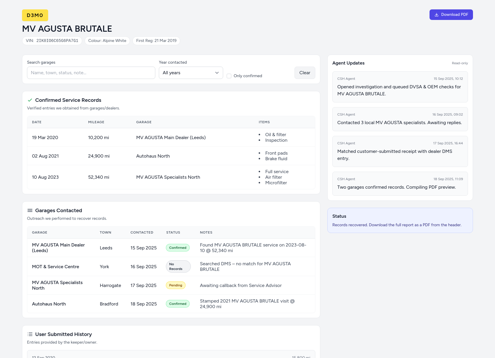Demo MV AGUSTA service history report from CarServiceHistory.co.uk showing verified service entries, MOT mileage timeline, and garage outreach log