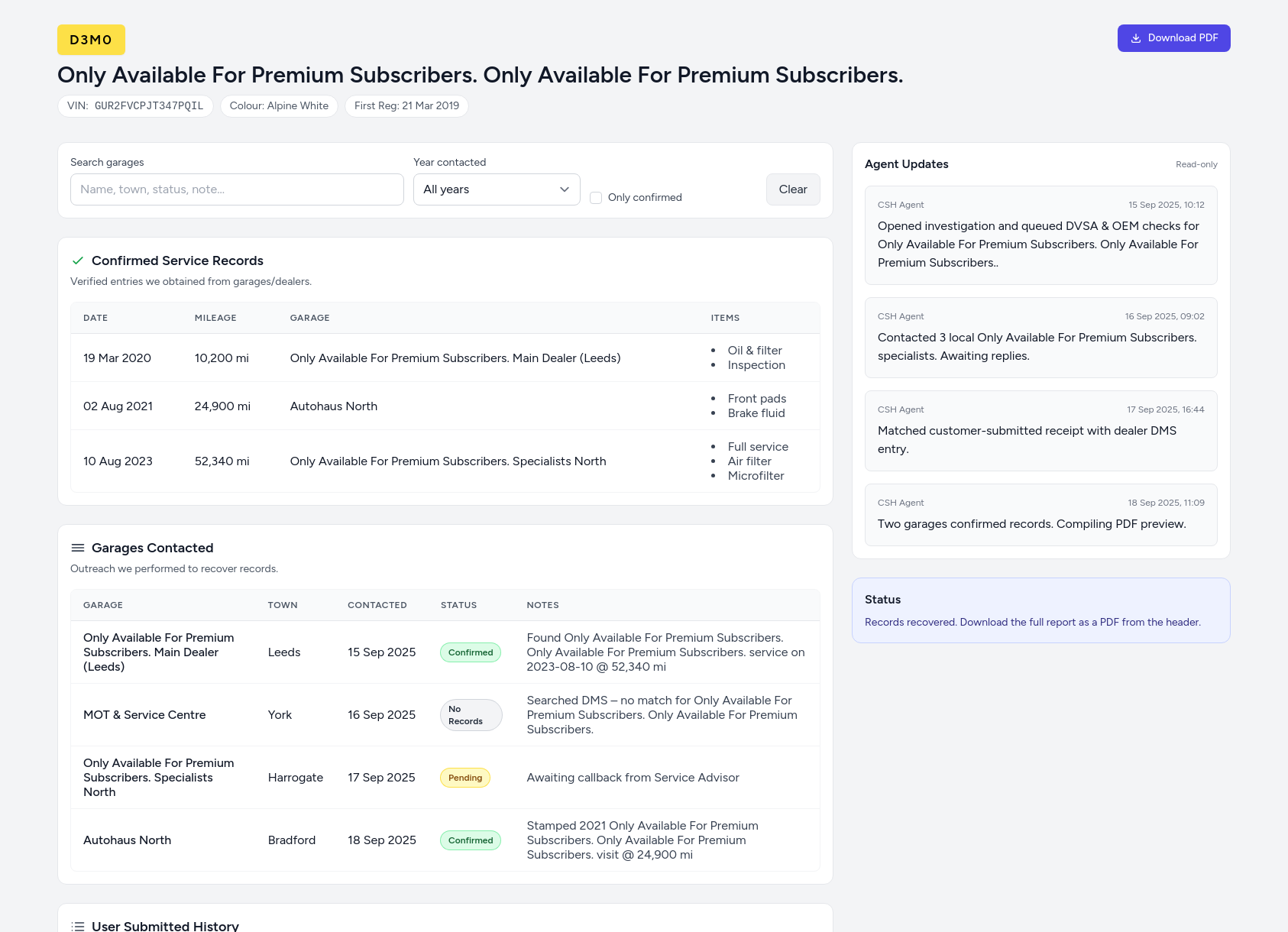 Demo Only Available For Premium Subscribers. service history report from CarServiceHistory.co.uk showing verified service entries, MOT mileage timeline, and garage outreach log