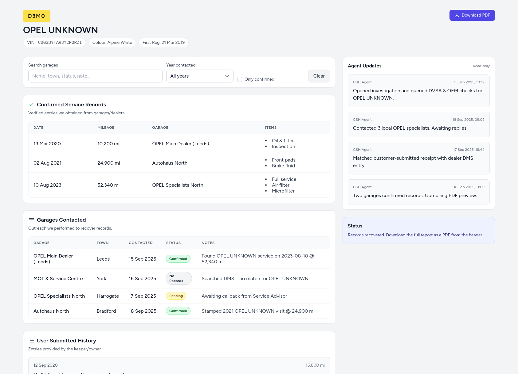 Demo OPEL service history report from CarServiceHistory.co.uk showing verified service entries, MOT mileage timeline, and garage outreach log