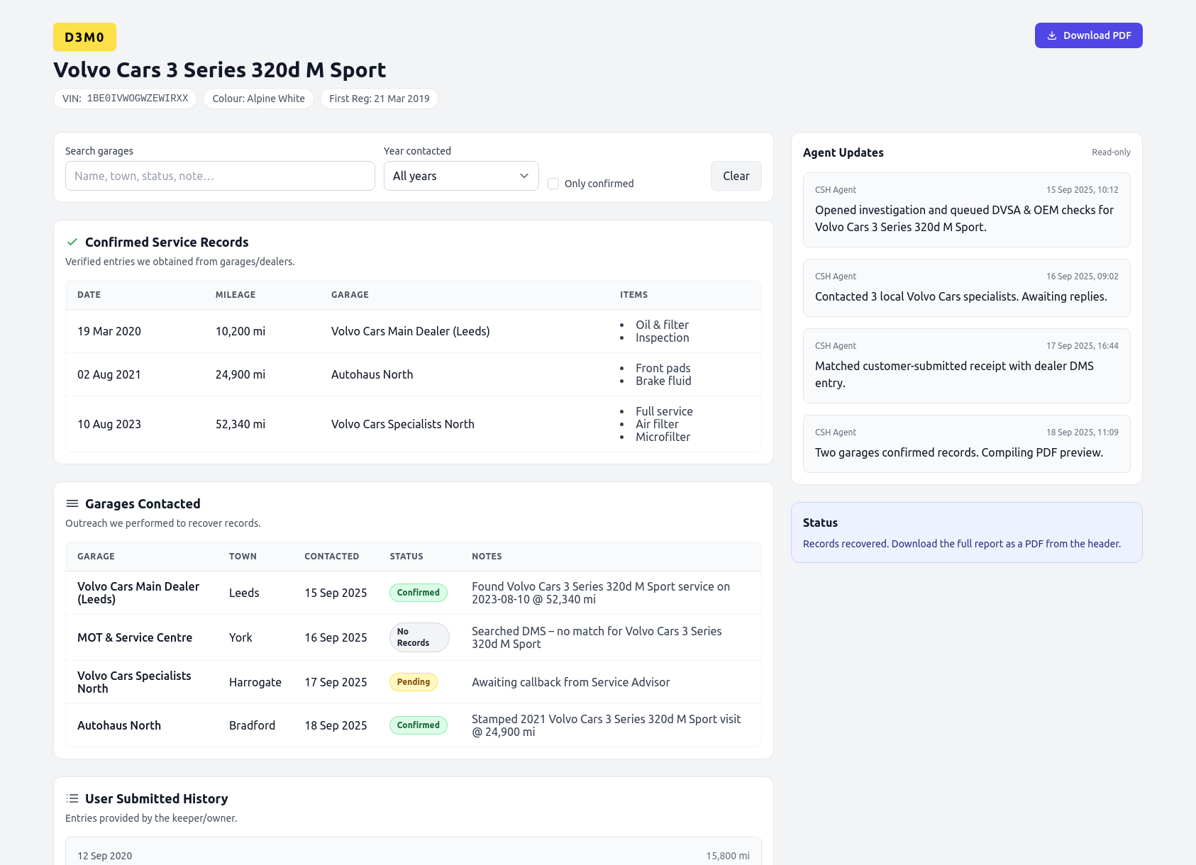 Demo Volvo Cars service history report from CarServiceHistory.co.uk showing verified service entries, MOT mileage timeline, and garage outreach log