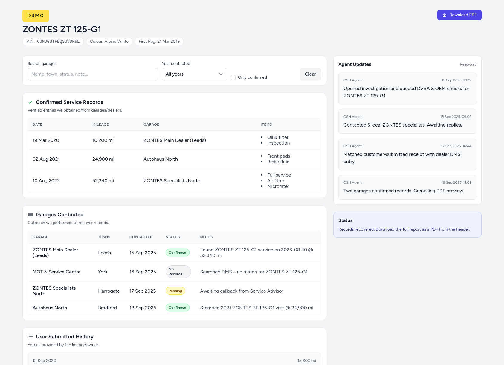 Demo ZONTES service history report from CarServiceHistory.co.uk showing verified service entries, MOT mileage timeline, and garage outreach log